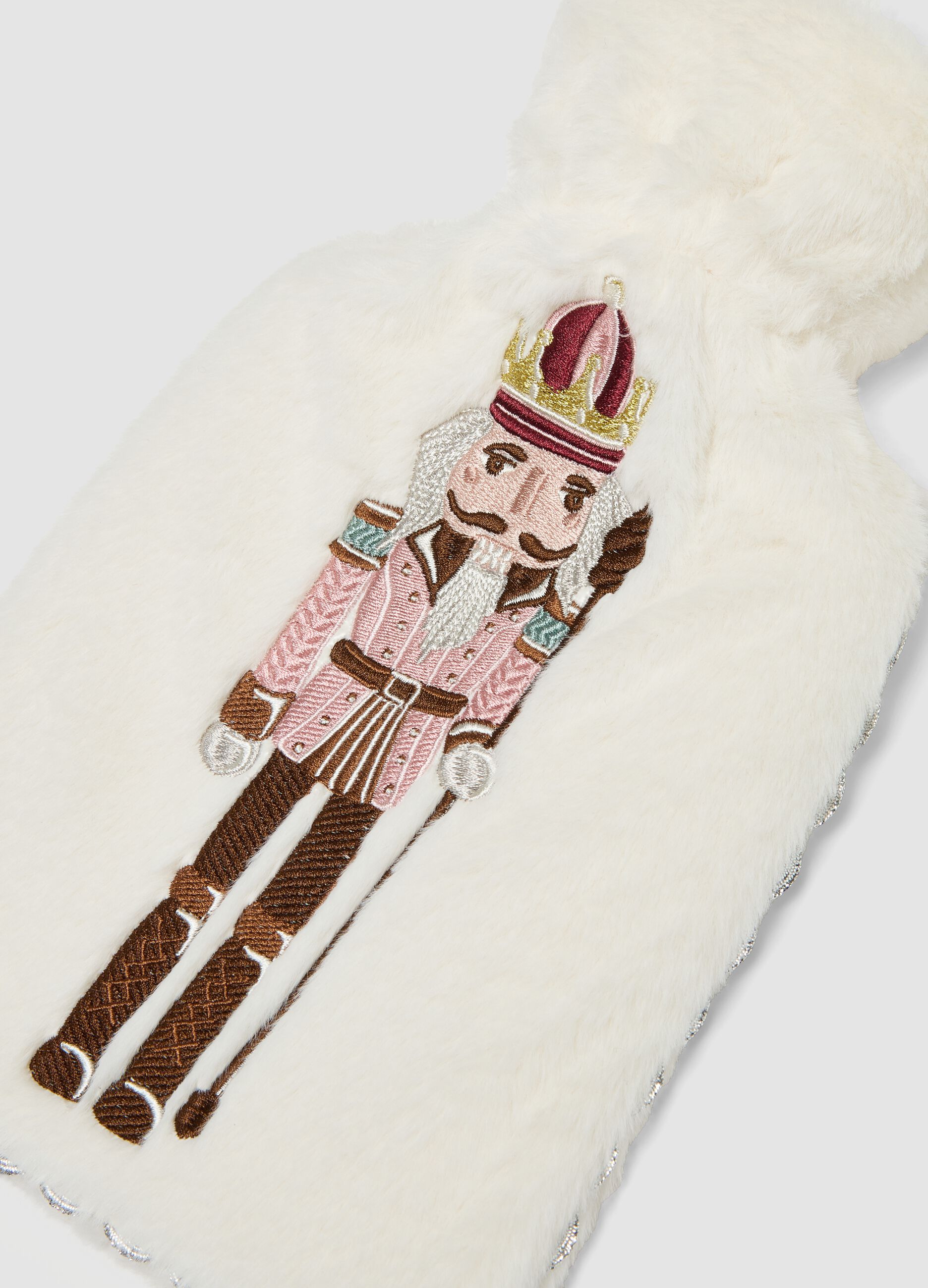 White teddy-effect hot water bottle with embroidered detail