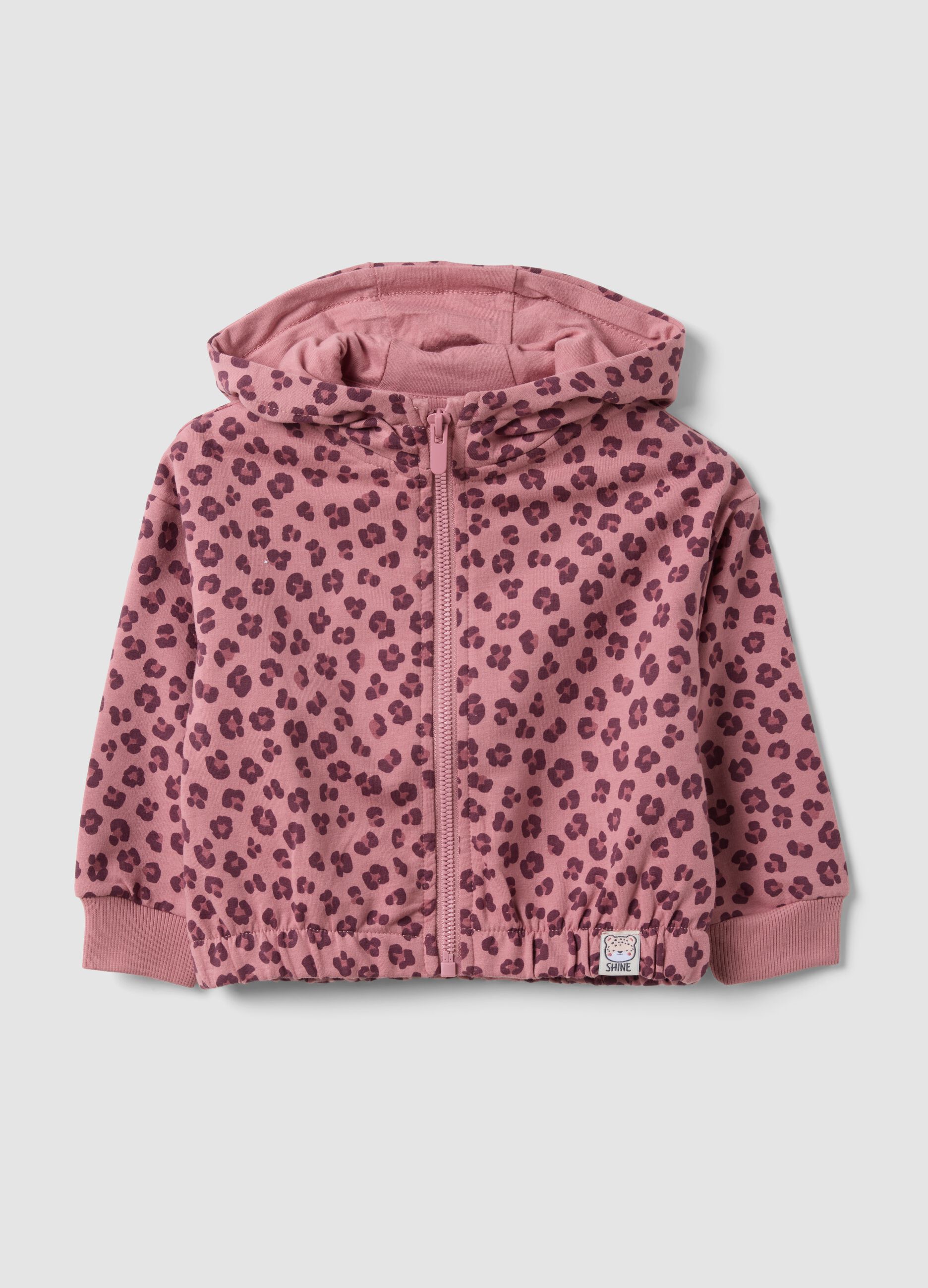Pink hooded sweatshirt in stretch cotton with all-over animal print for baby girl