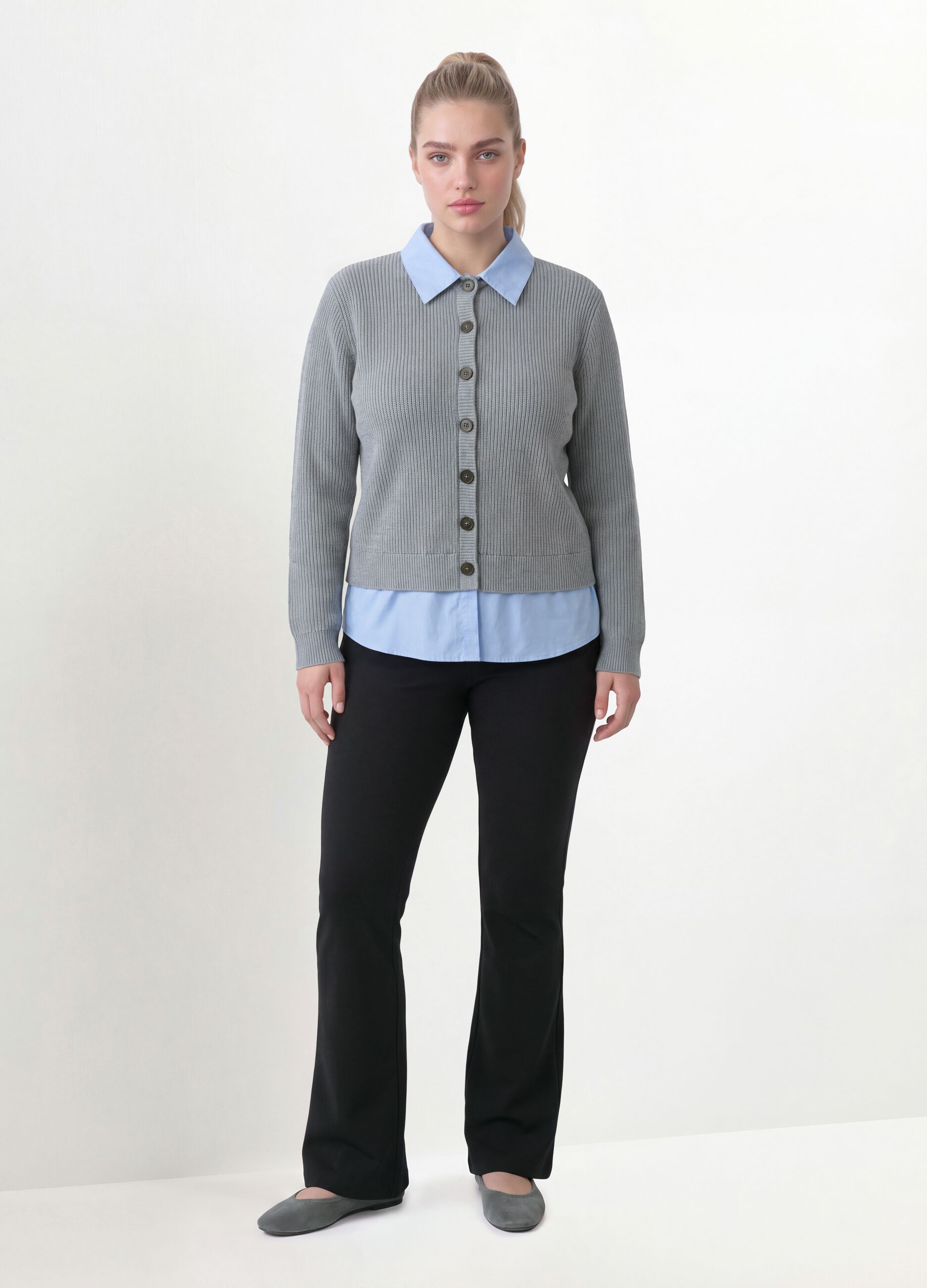 Cardigan grigio con colletto regular fit a coste effetto doppio strato