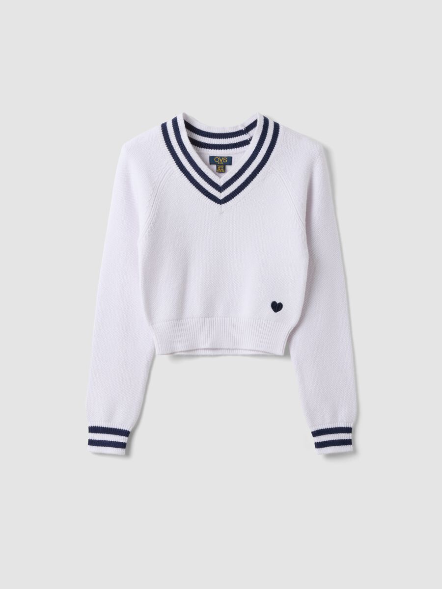 White V-neck viscose-blend jumper with striped trims for girls_3