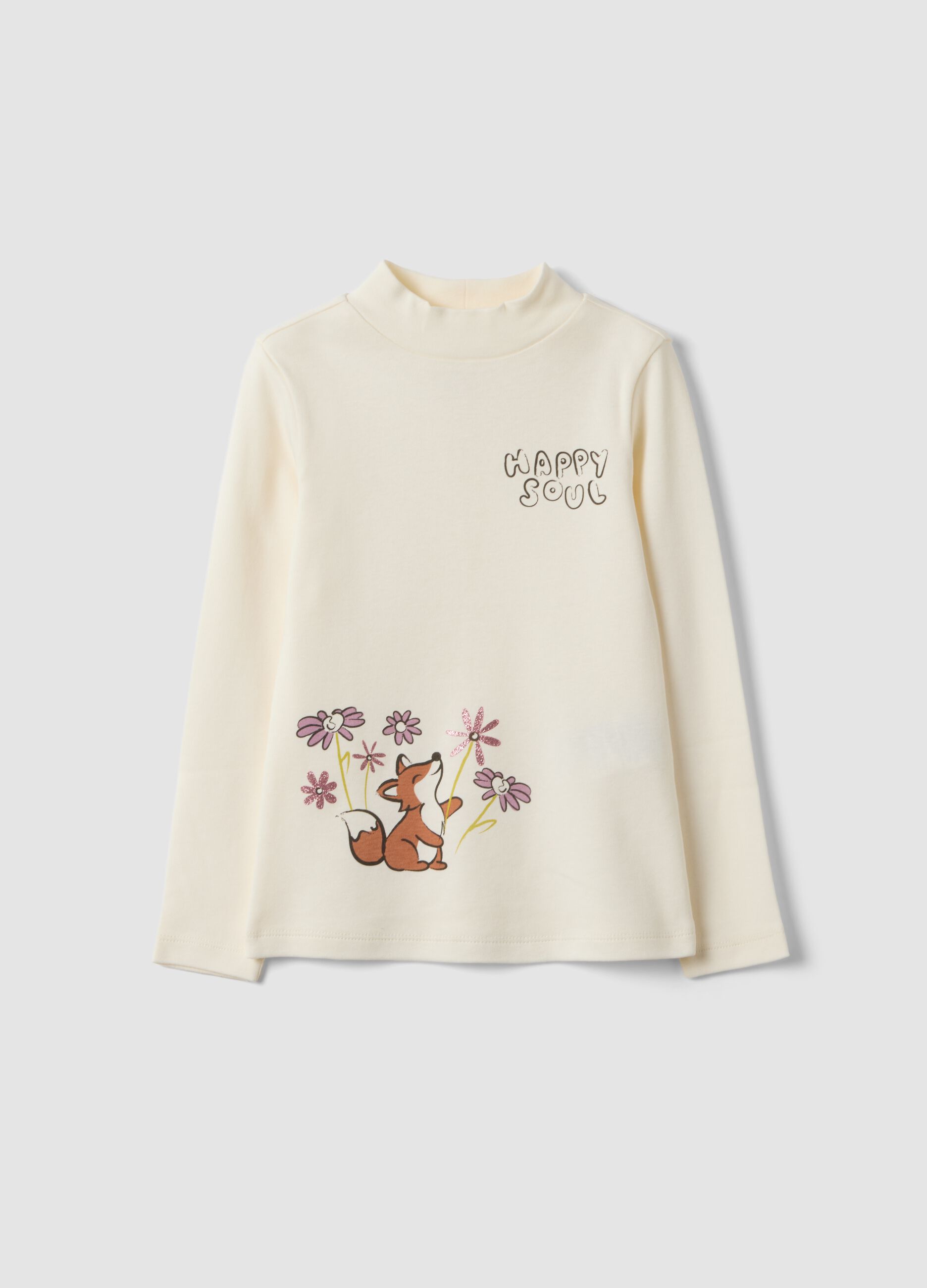 T-shirt bianca in puro cotone organico con collo rialzato e stampa animaletti