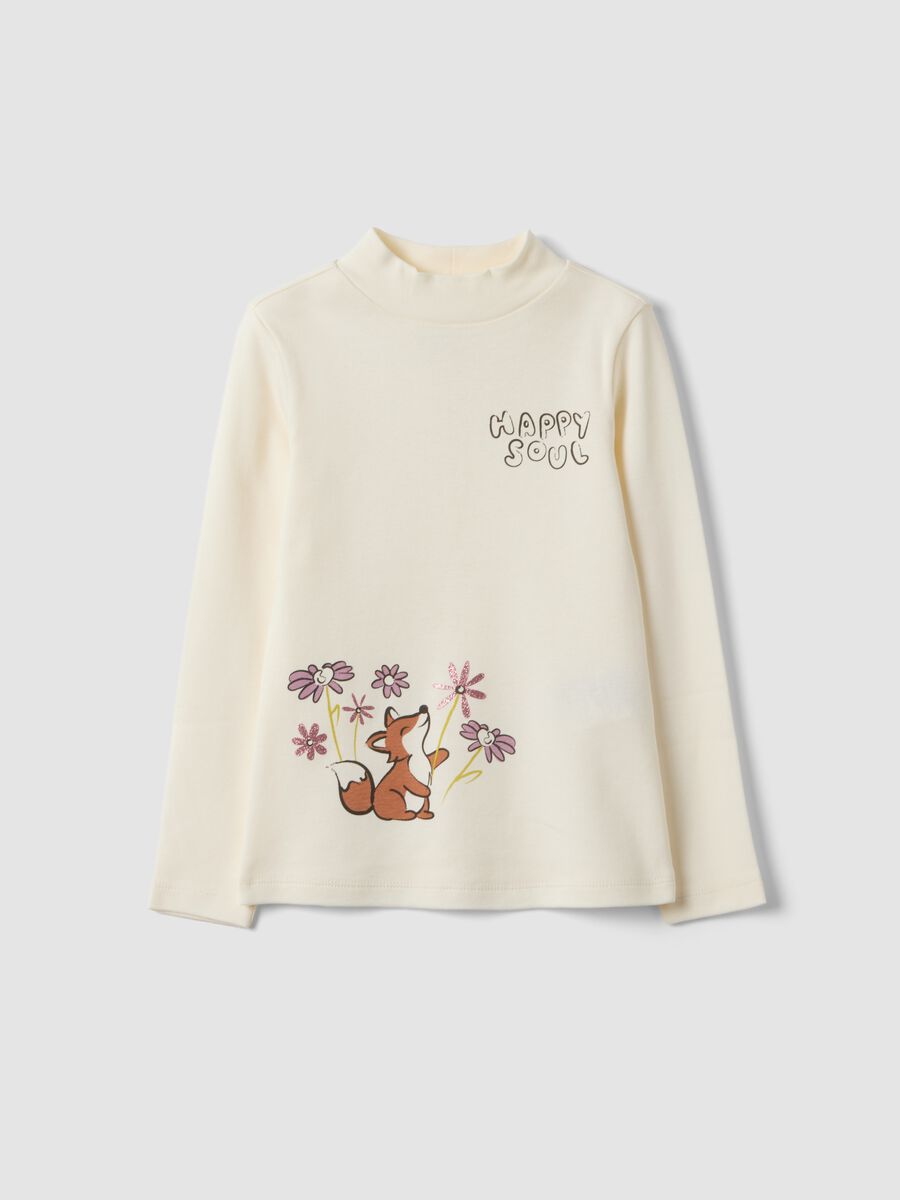 White pure organic cotton T-shirt with high neck and cute animal print_0