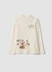 T-shirt bianca in puro cotone organico con collo rialzato e stampa animaletti_0