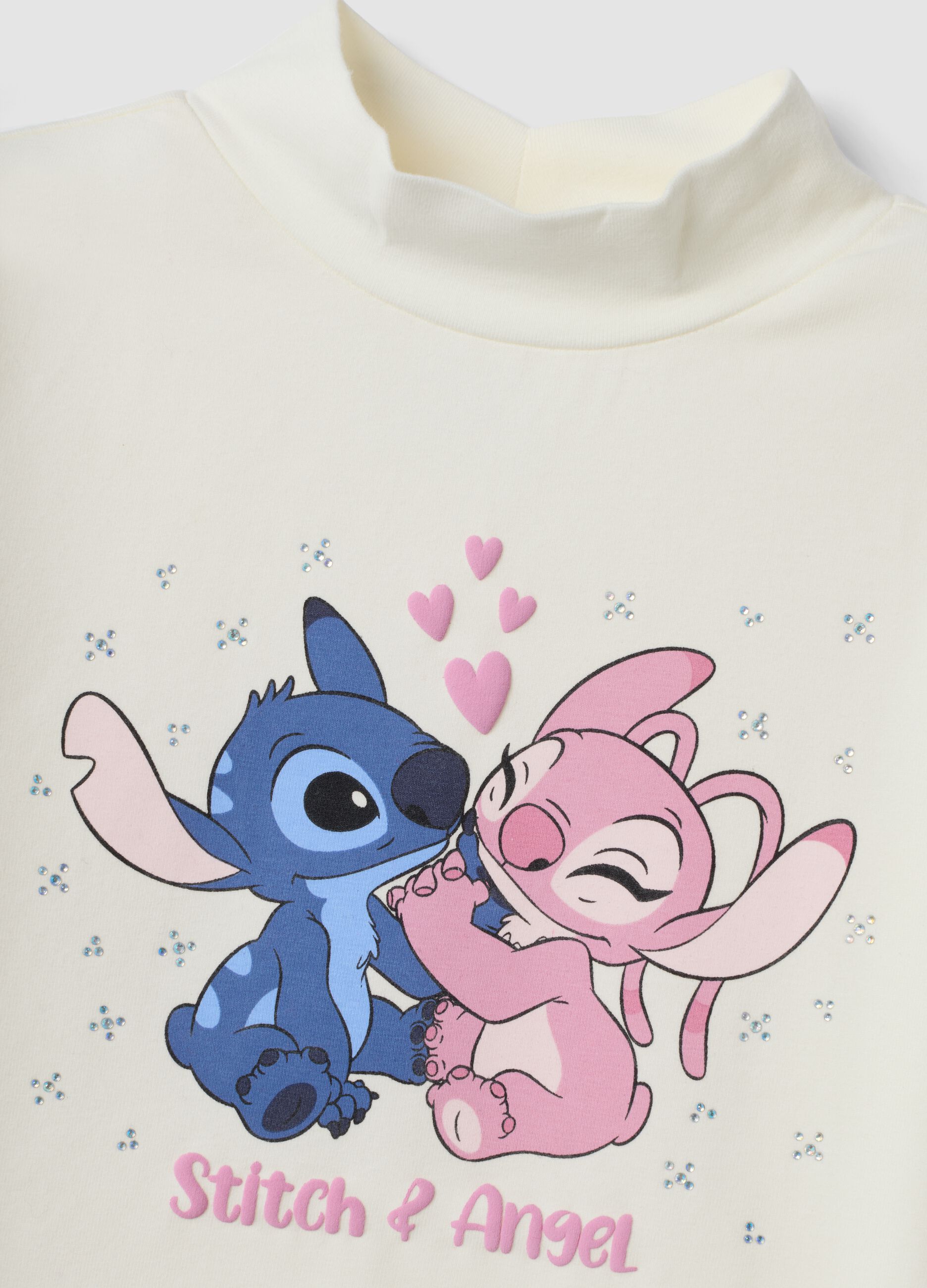 T-shirt bianca in cotone elasticizzato con stampa Lilo & Stitch