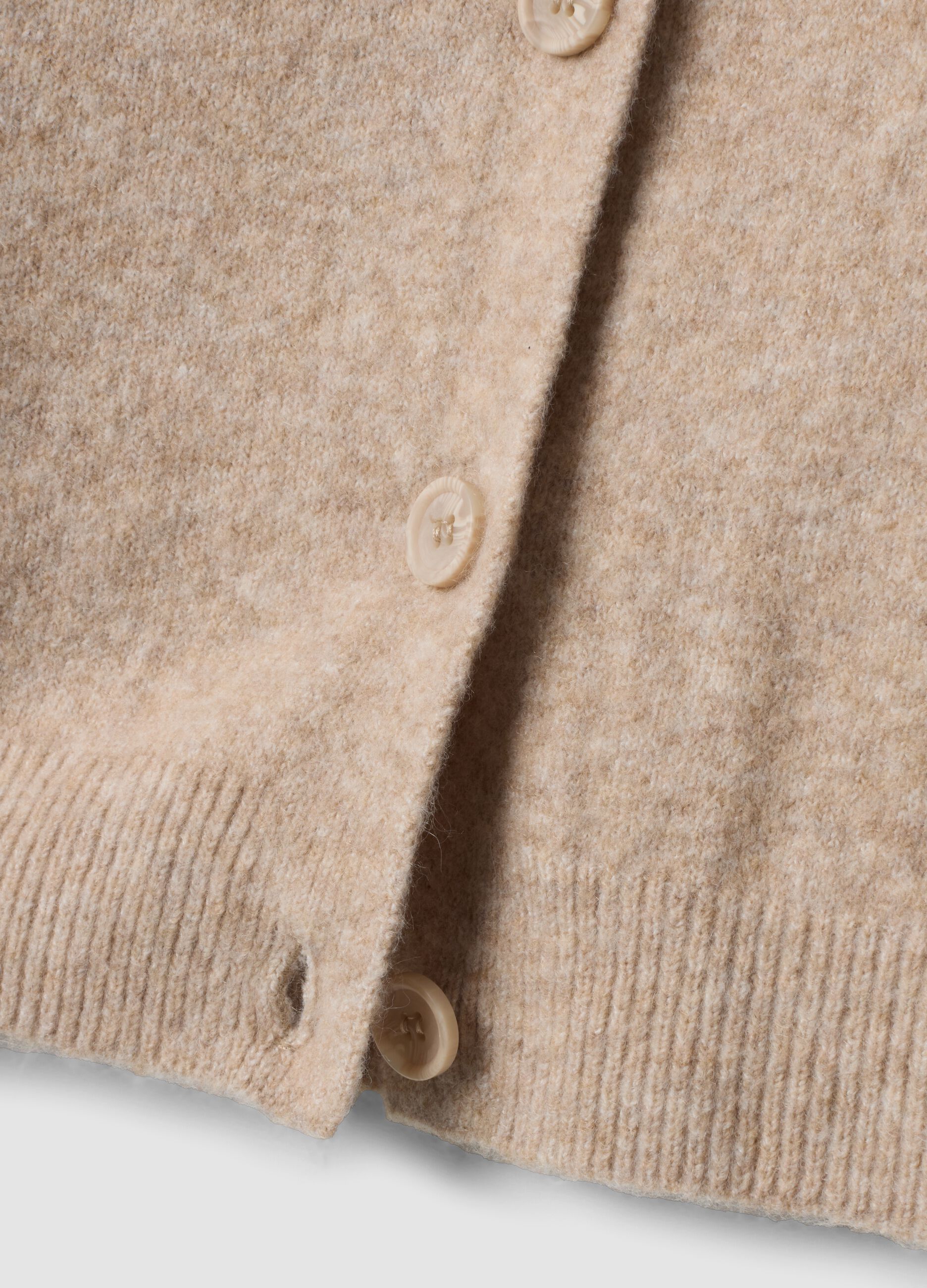 Beige stretch fabric crew-neck oversized cardigan