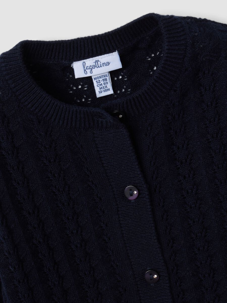Blue pure cotton openwork knit cardigan for baby girls_2