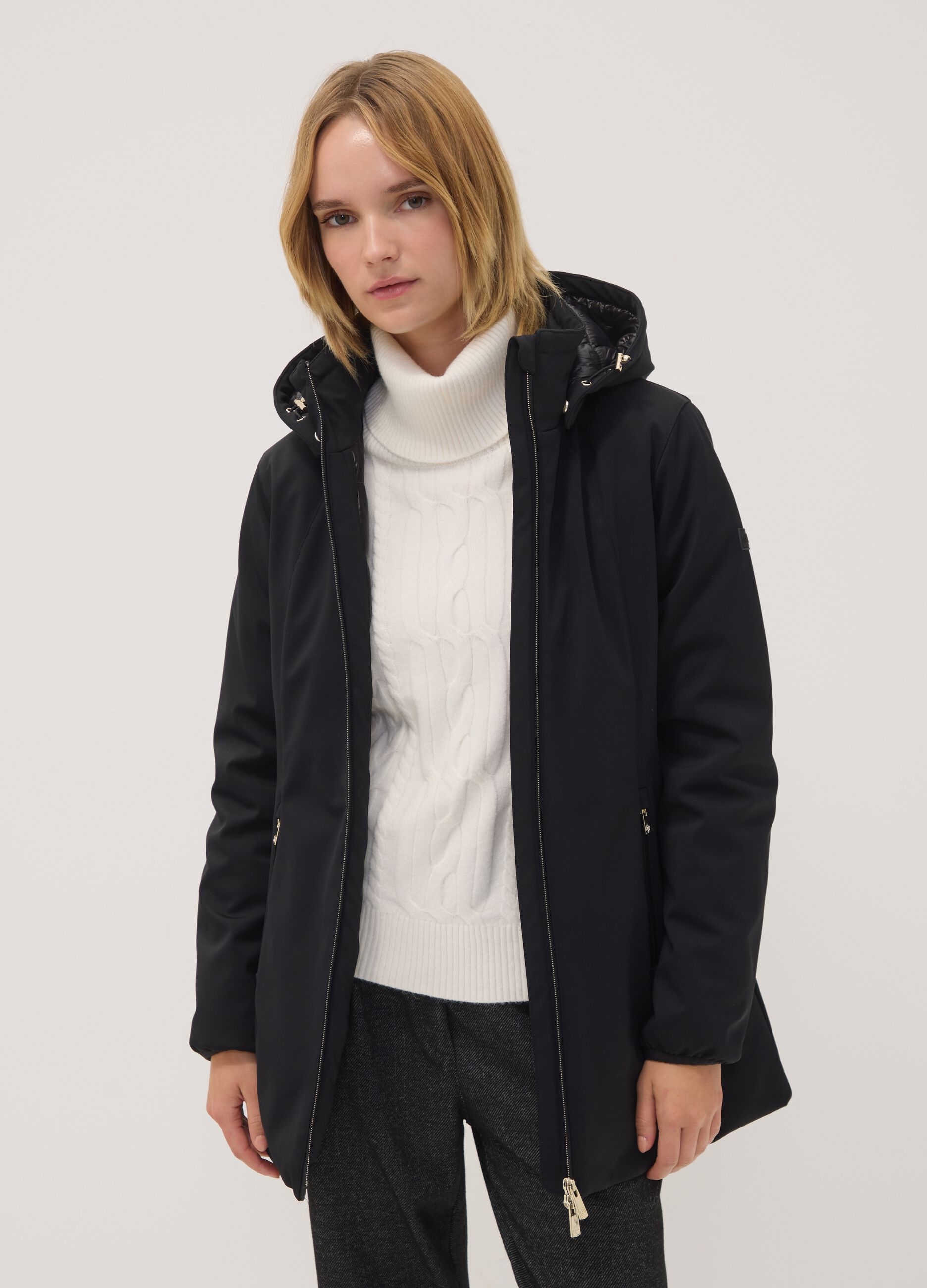 Black stretch-fabric parka with hood, regular fit