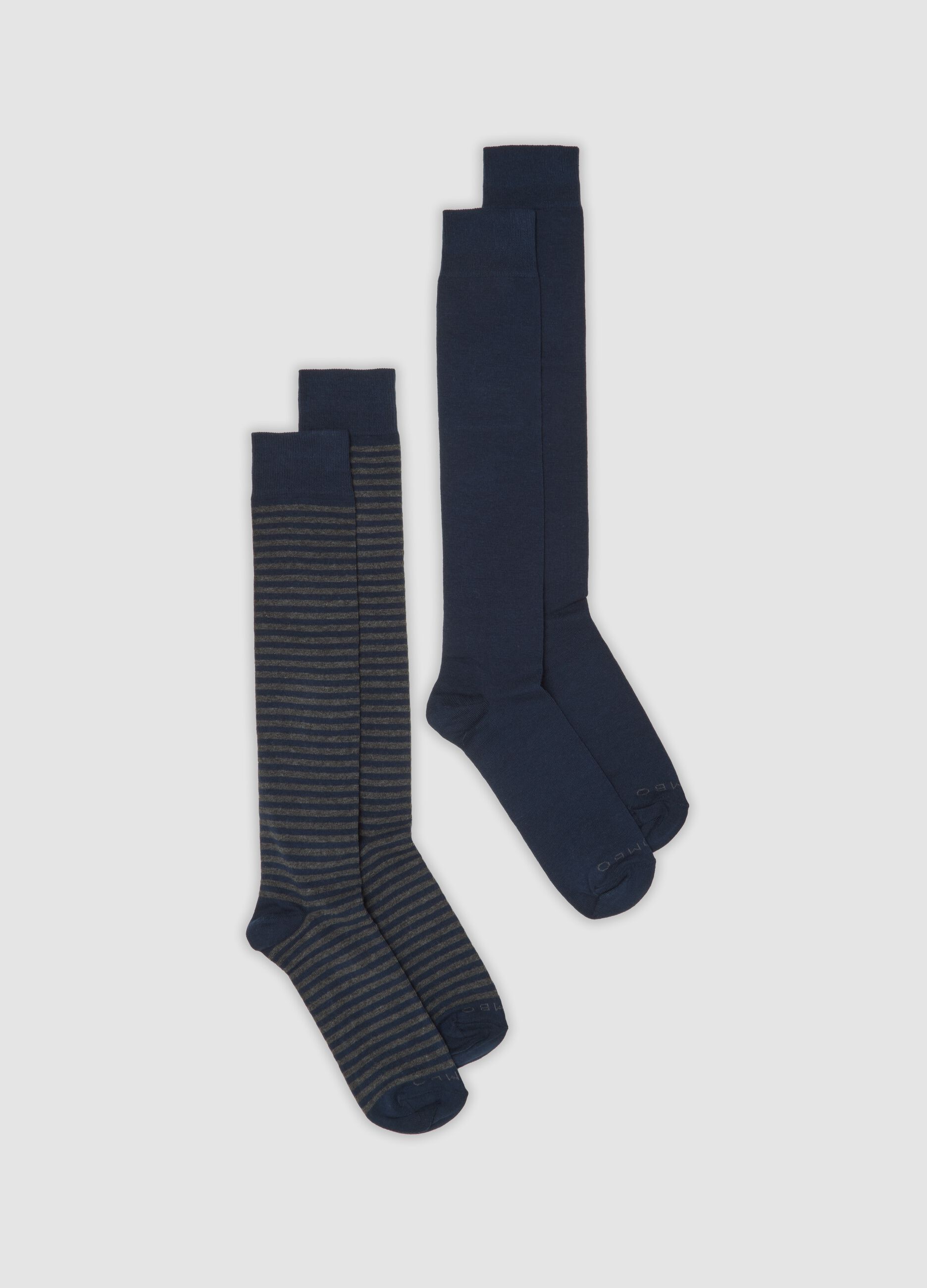 Two-pack of navy and grey marl long socks in stretch cotton