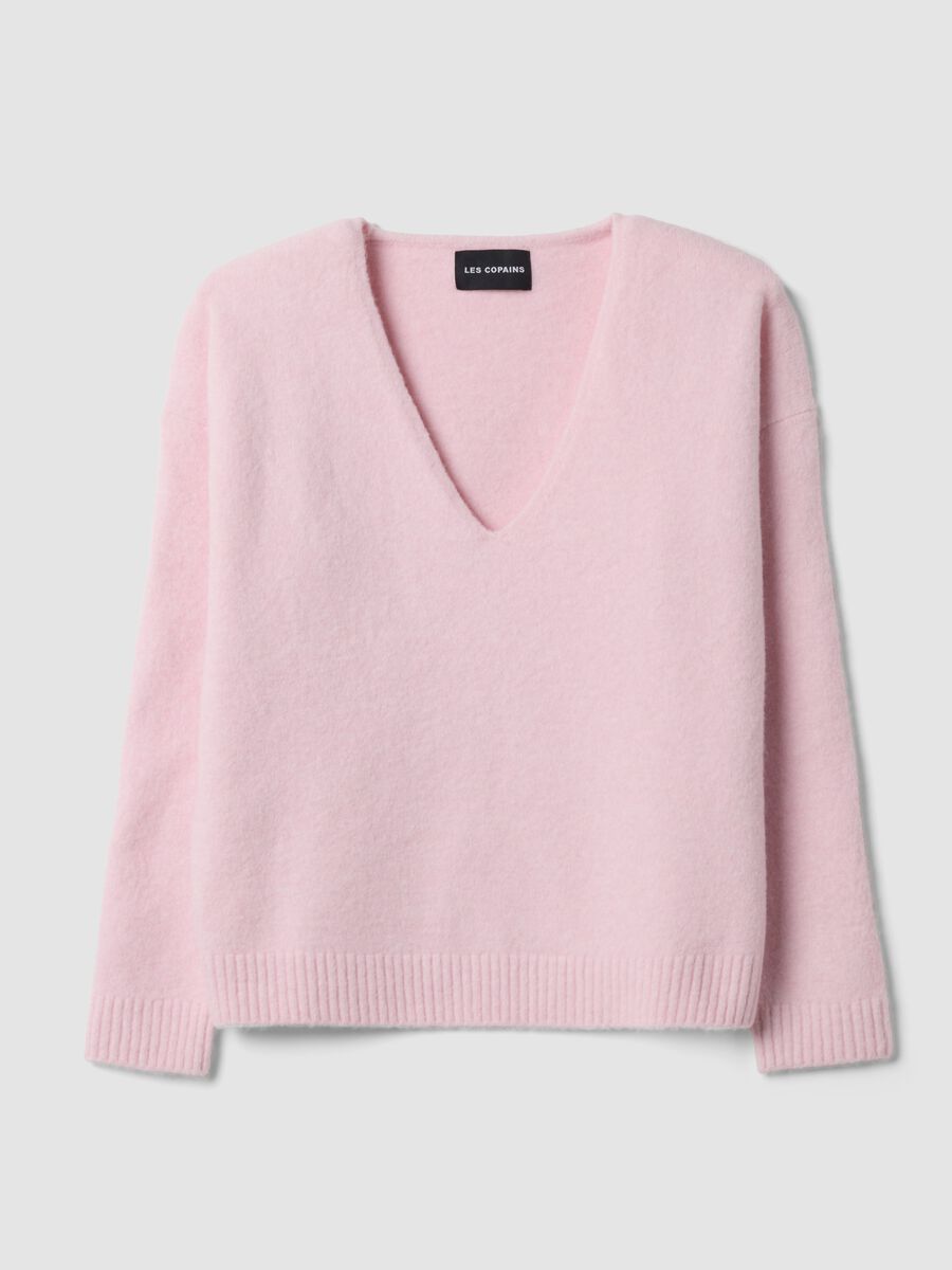 Pink stretch wool jumper with deep V-neck and oversized fit_0