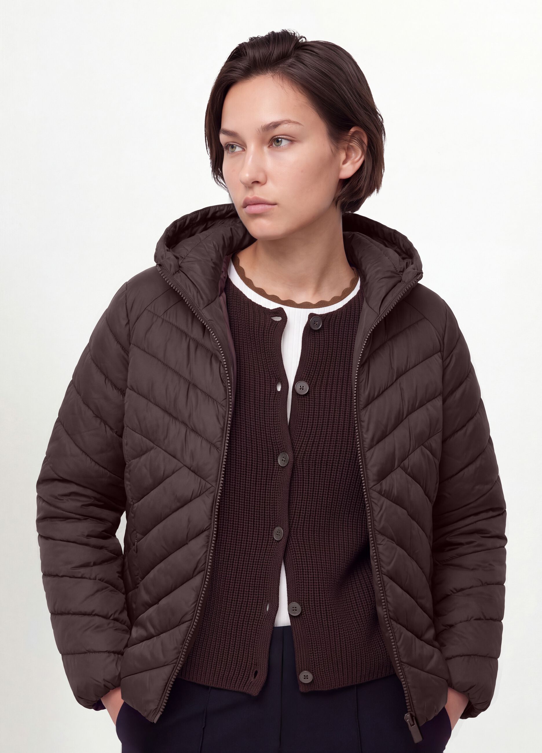 Ultralight purple quilted hooded jacket with zip, regular fit