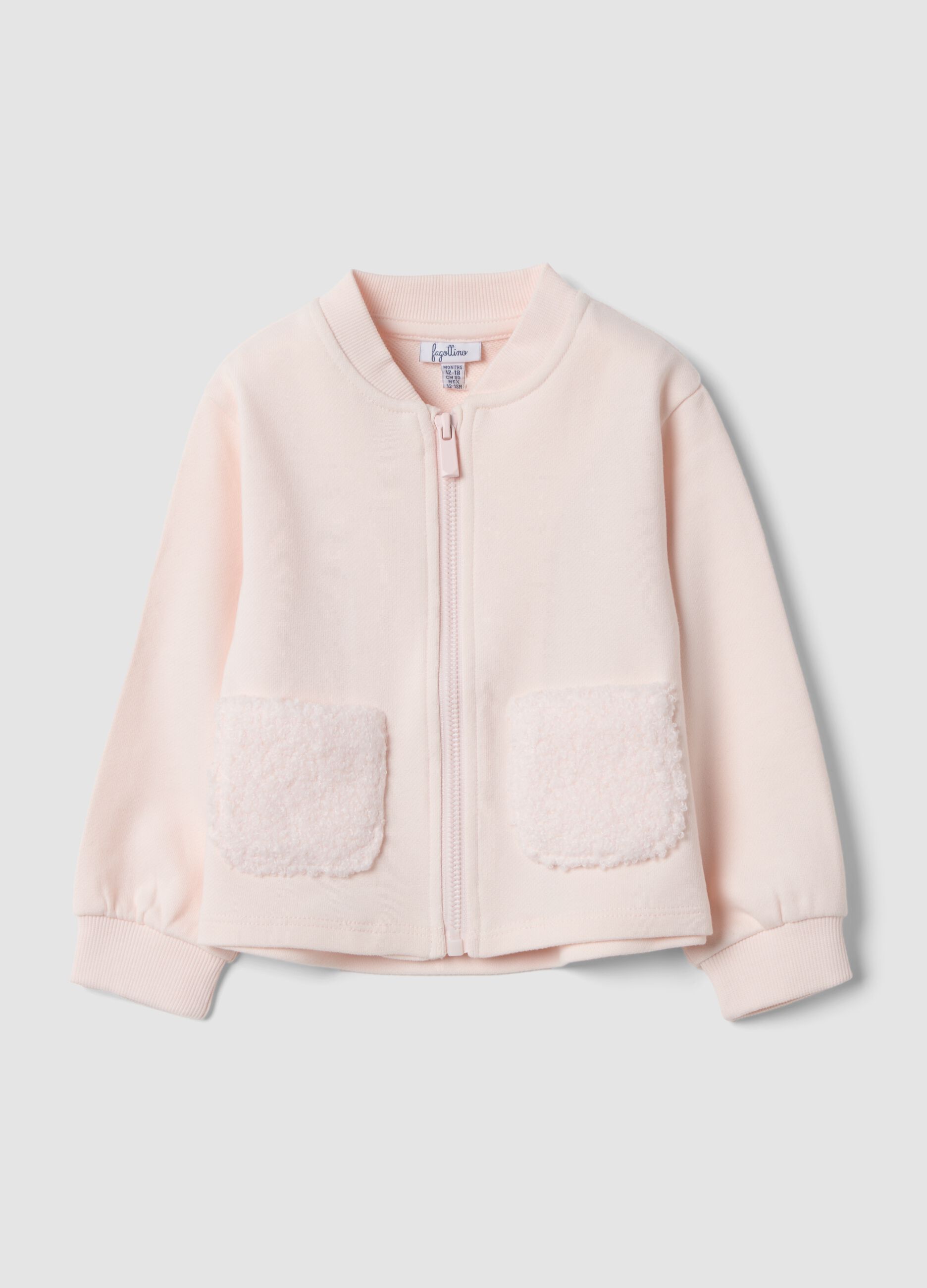 Pink pure cotton sweatshirt with crew neck and zip