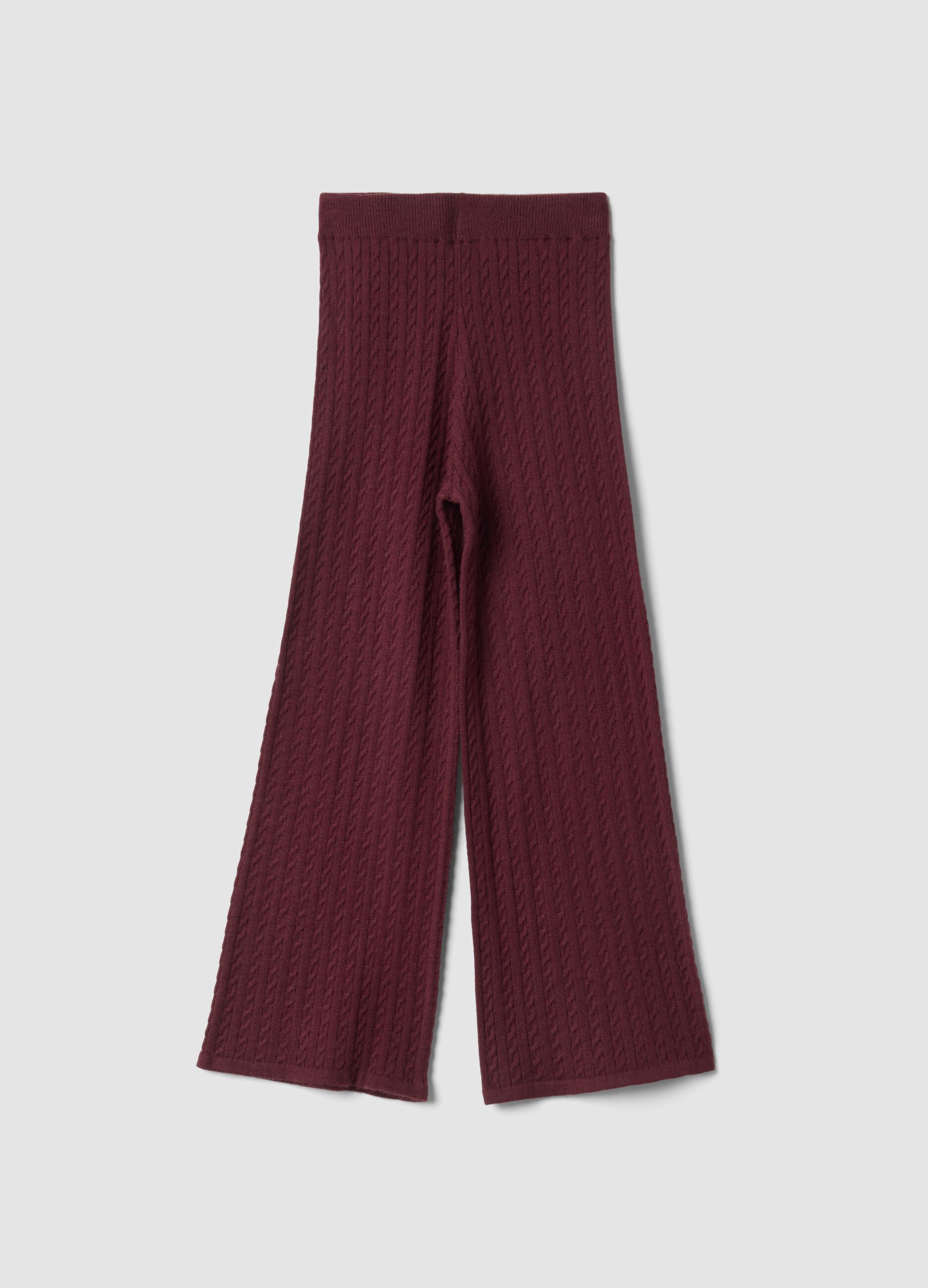 Plum purple flared leggings with cable-knit pattern
