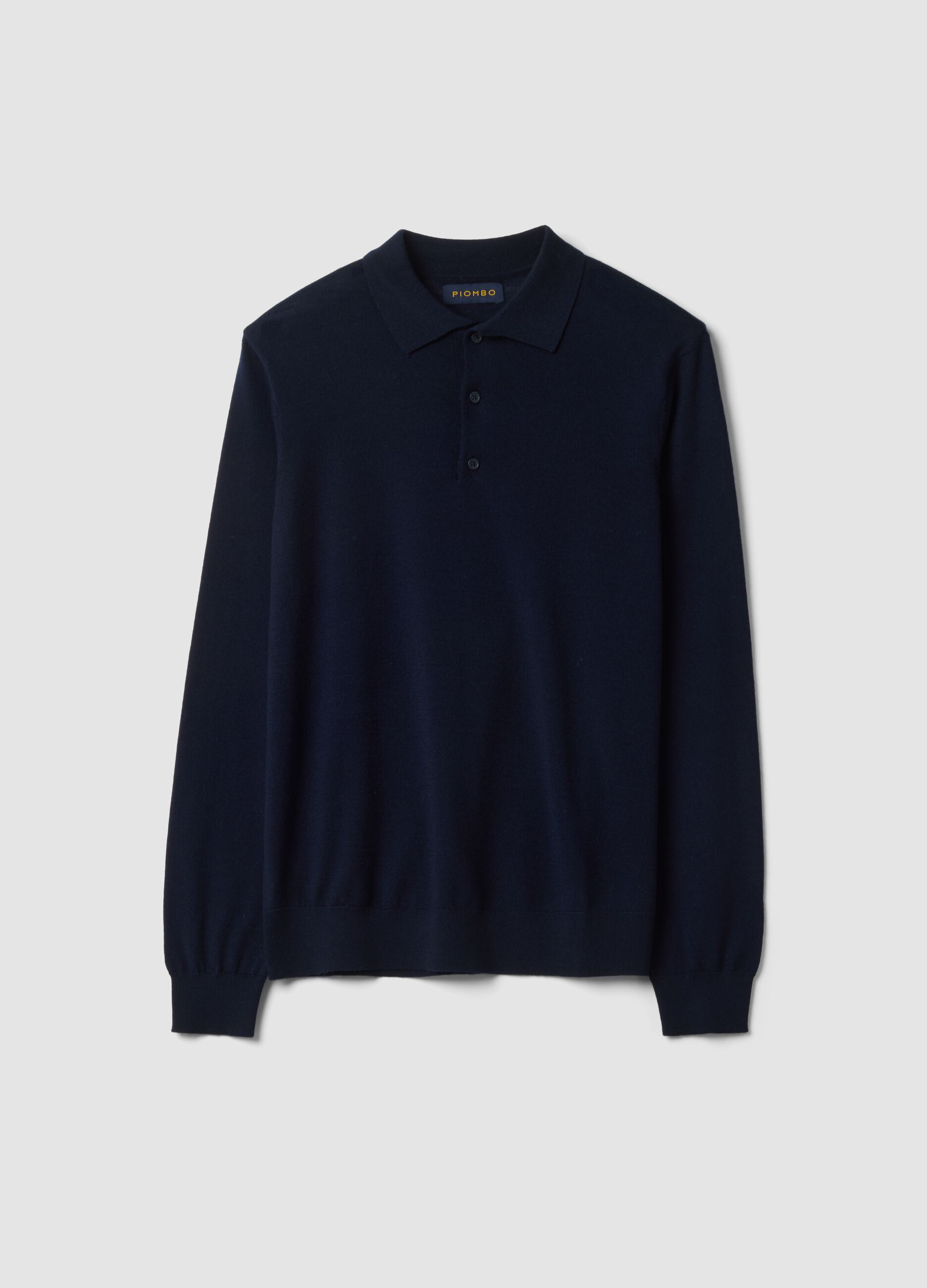 Navy pure merino wool polo jumper with polo collar