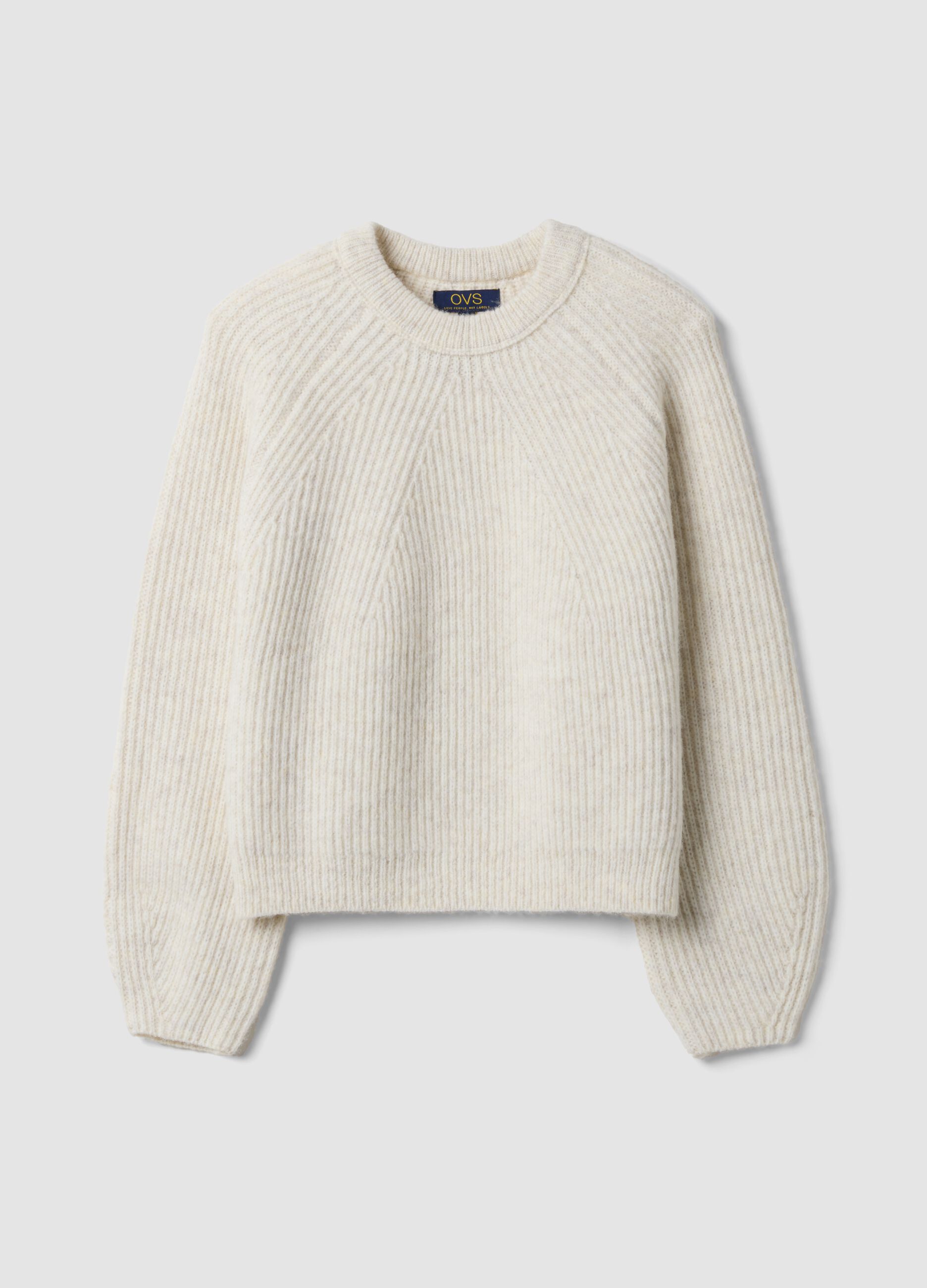 Beige ribbed wool-blend crew-neck jumper