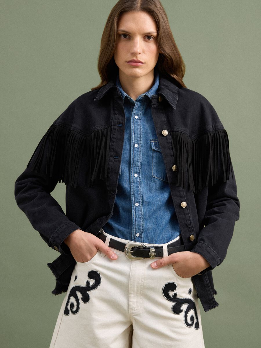 Giacca nera in denim di puro cotone con frange_0