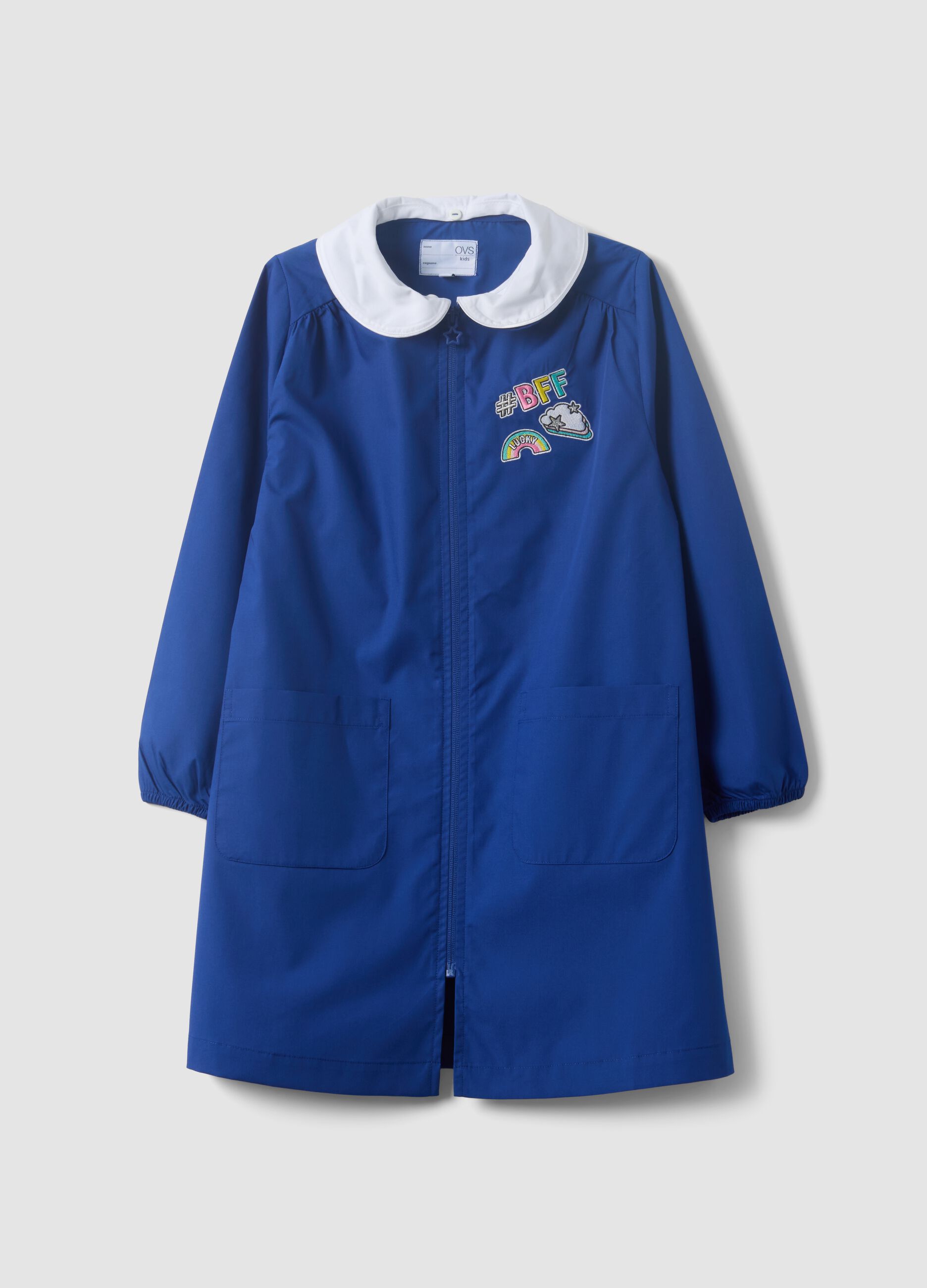 Customisable blue school pinafore with rainbow embroidery
