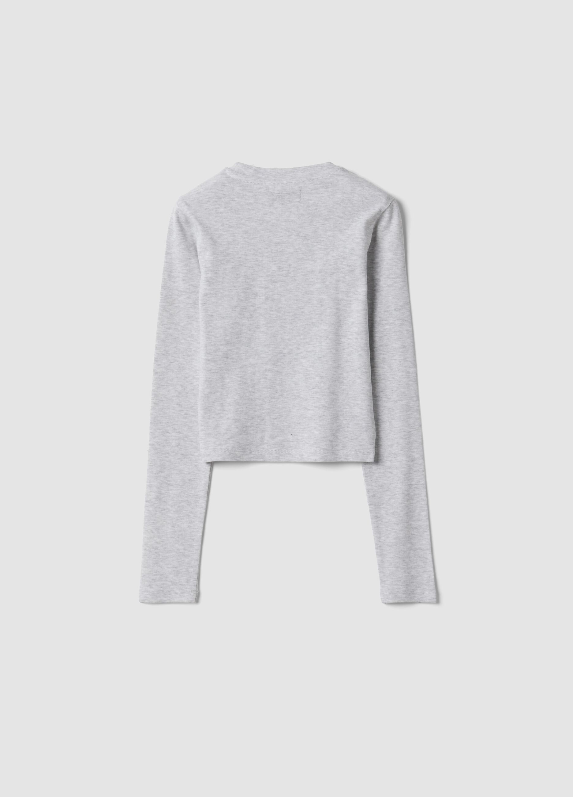 T-shirt grigia in cotone organico e viscosa elasticizzata con strass