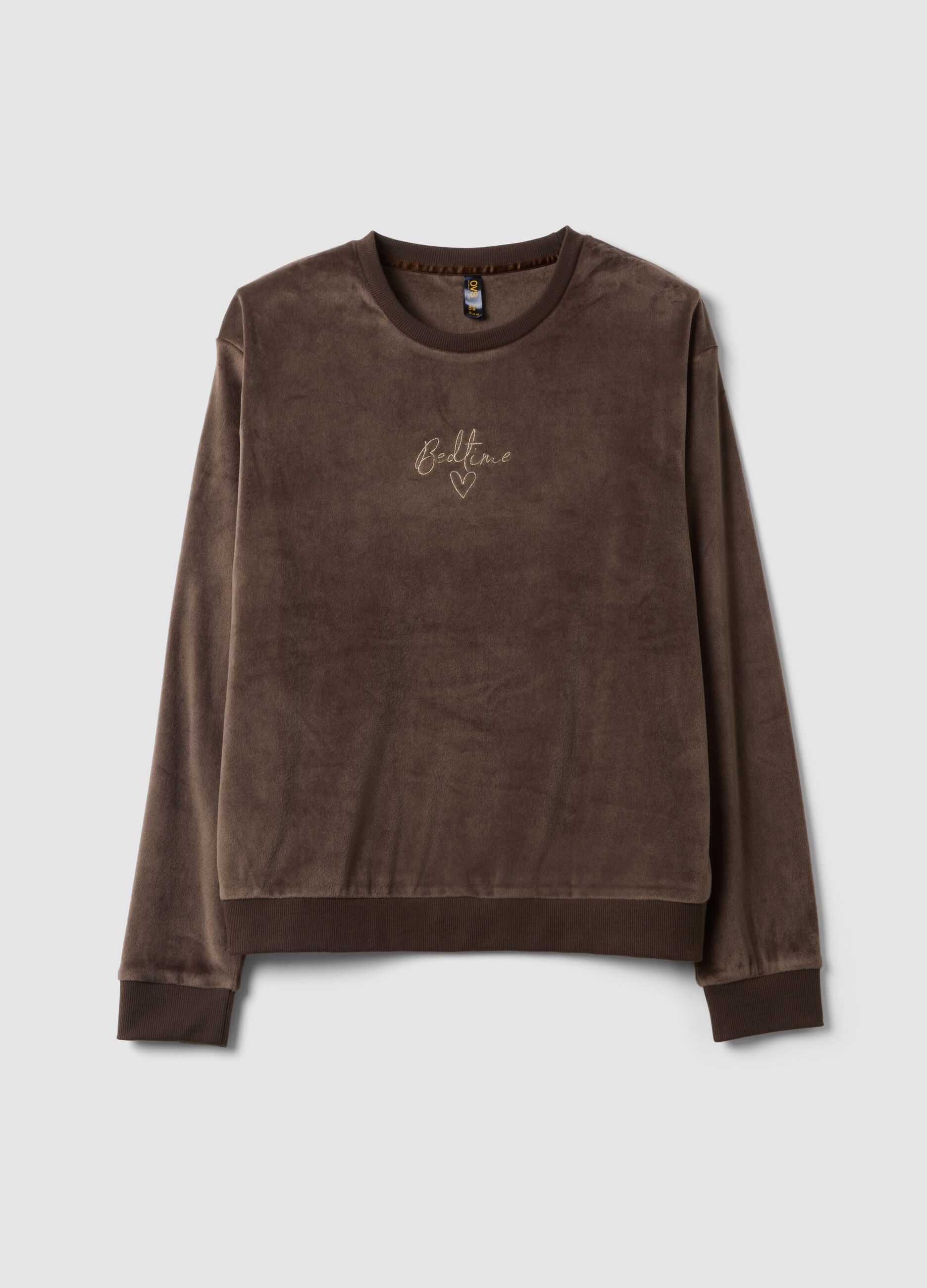Brown chenille stretch pyjama top with crew neck
