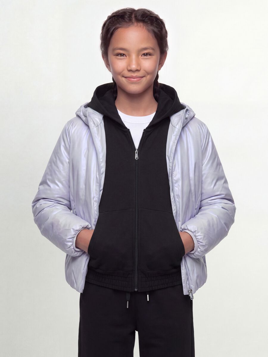 Grey hooded rain jacket with zip for girls_0