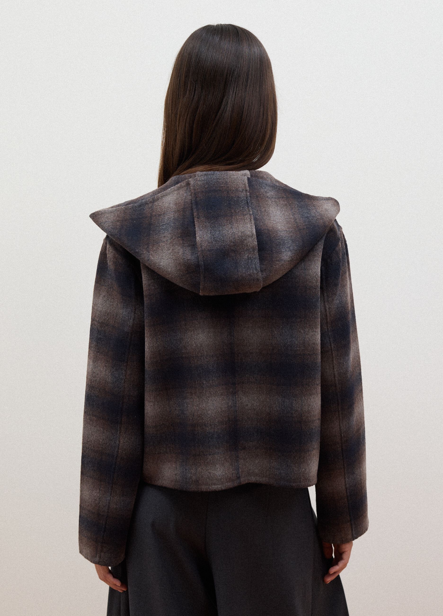 Brown wool and viscose blend hooded coat, regular fit