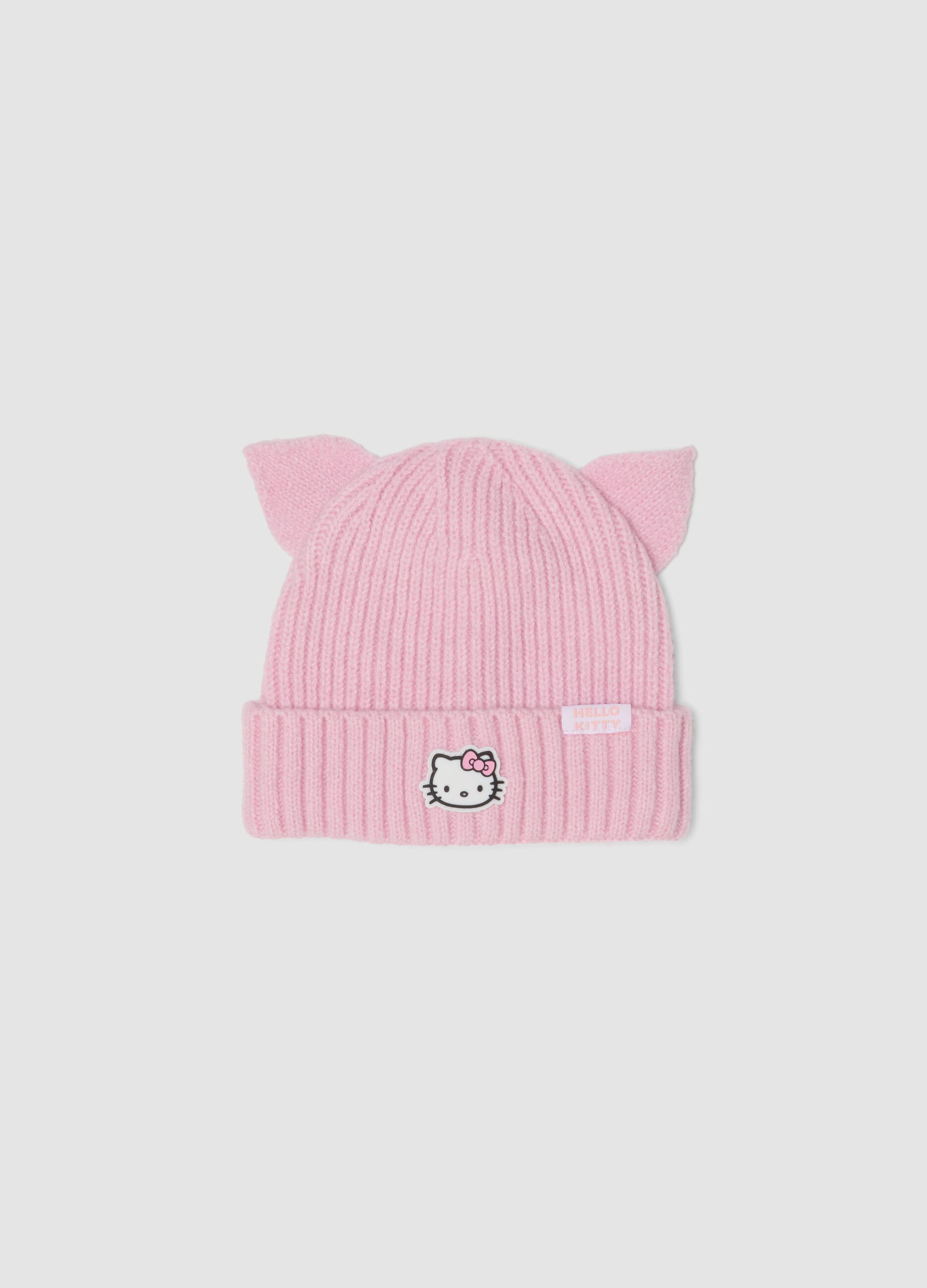Pink ribbed stretch beanie with Hello Kitty embroidery