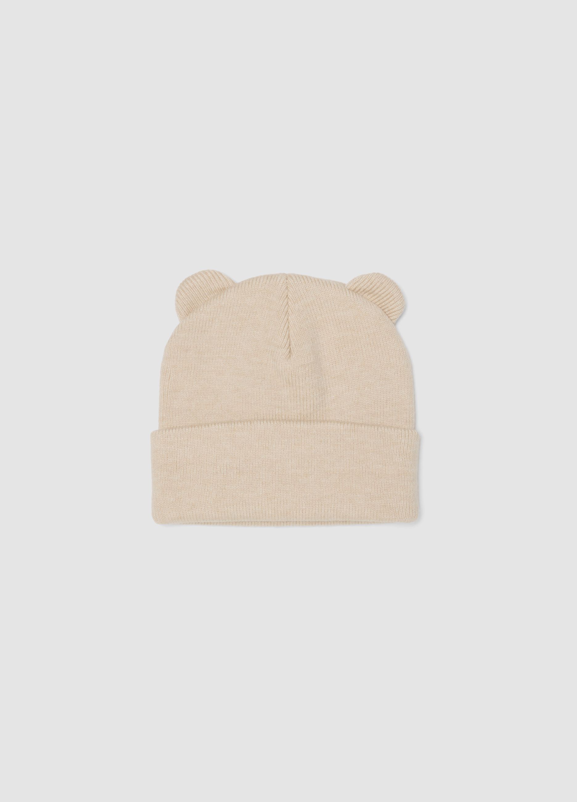 Beige knitted viscose-blend hat with ears