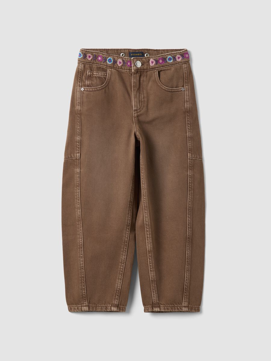 Brown pure cotton embroidered balloon-fit jeans_0