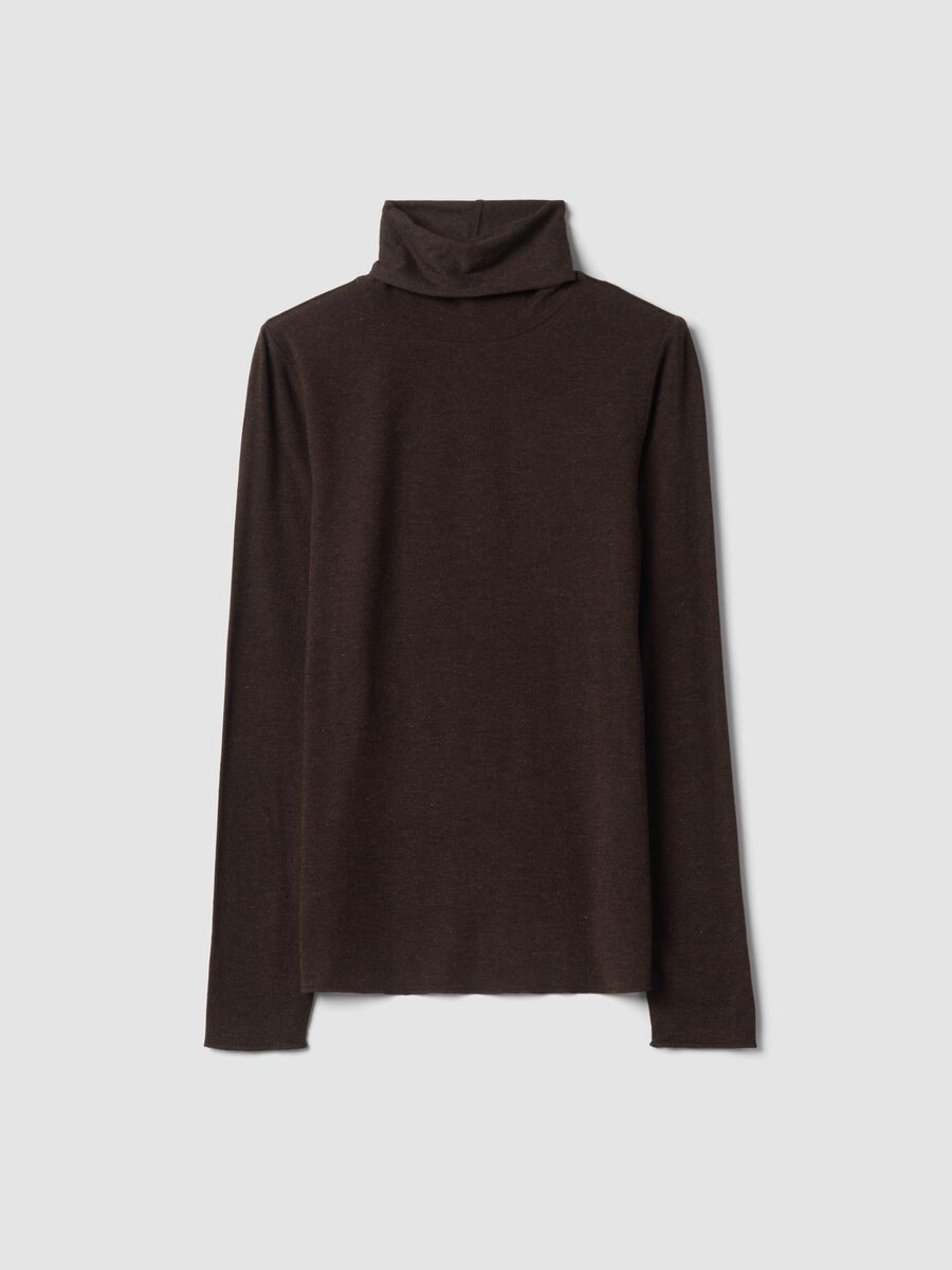 Brown stretch modal and wool T-shirt with high neck, regular fit_0