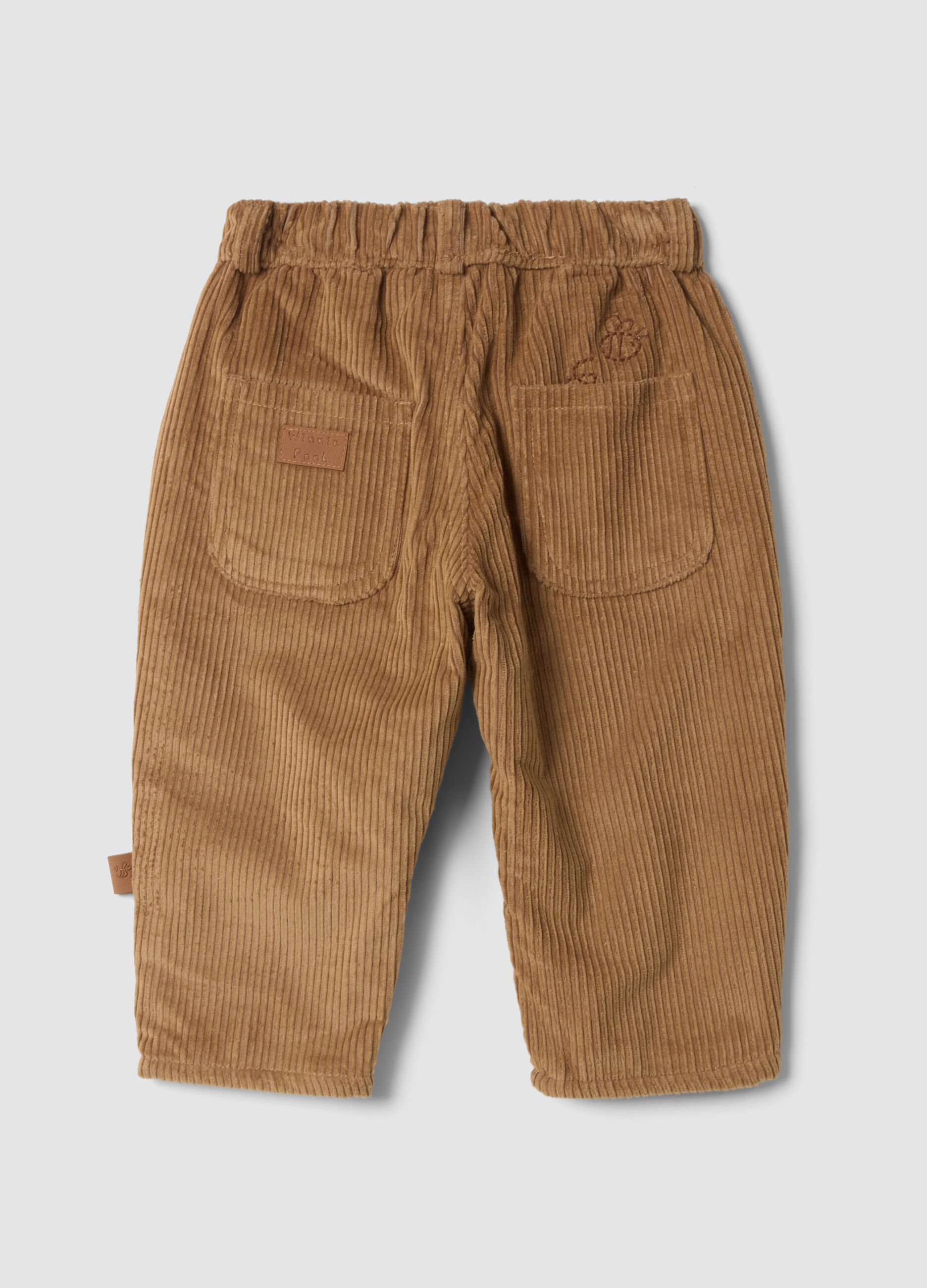 Beige pure cotton corduroy trousers with Winnie the Pooh embroidery, comfort fit