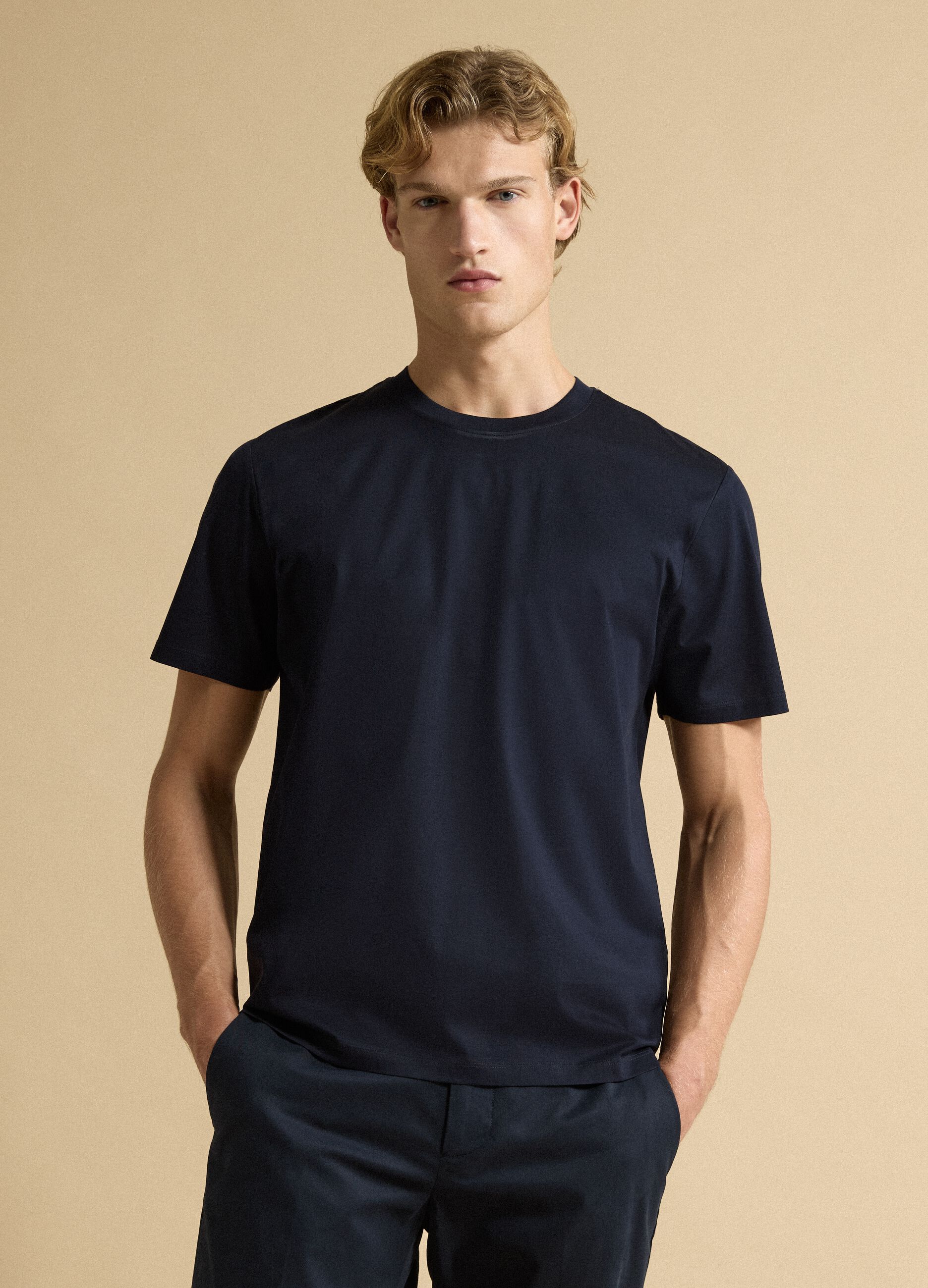 Blue pure cotton jersey T-shirt with crew neck, relaxed fit