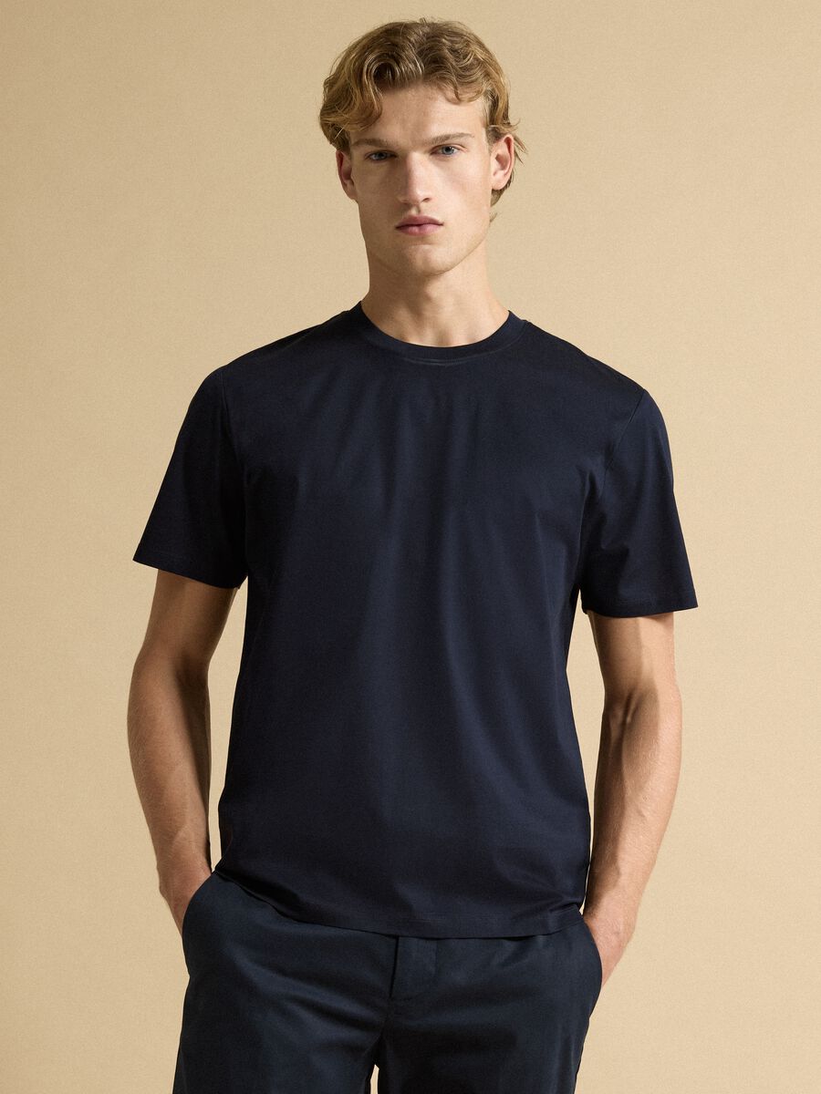 Blue pure cotton jersey T-shirt with crew neck, relaxed fit_0