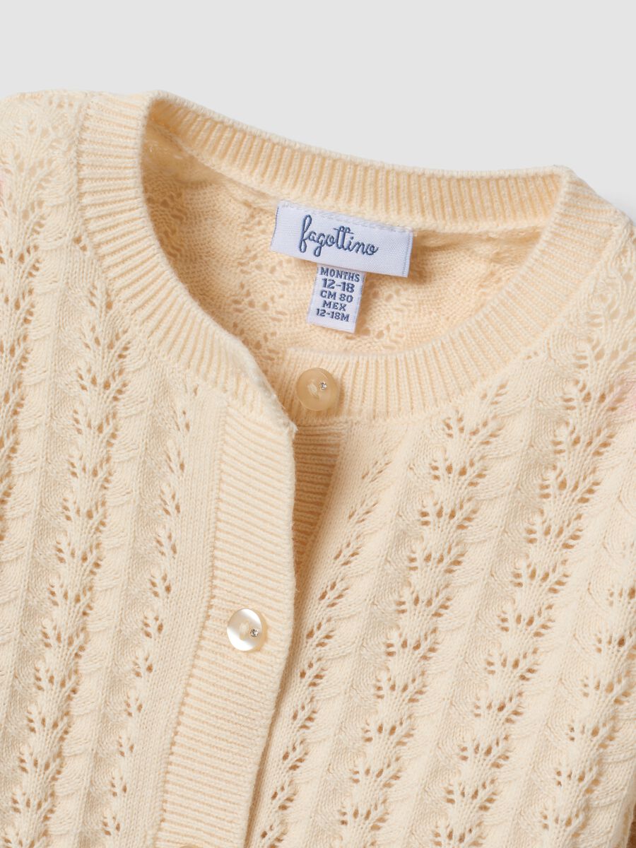 Beige pure cotton openwork knit cardigan for baby girl_2
