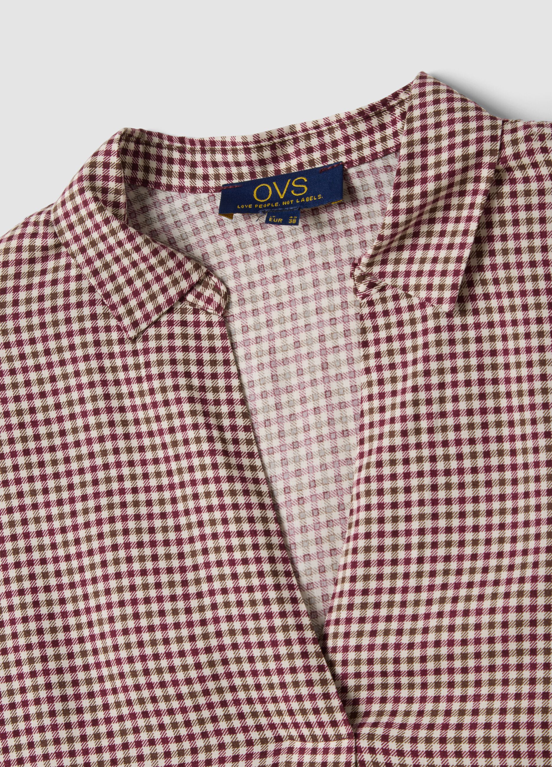 Brown checked pure viscose shirt with classic collar, regular fit