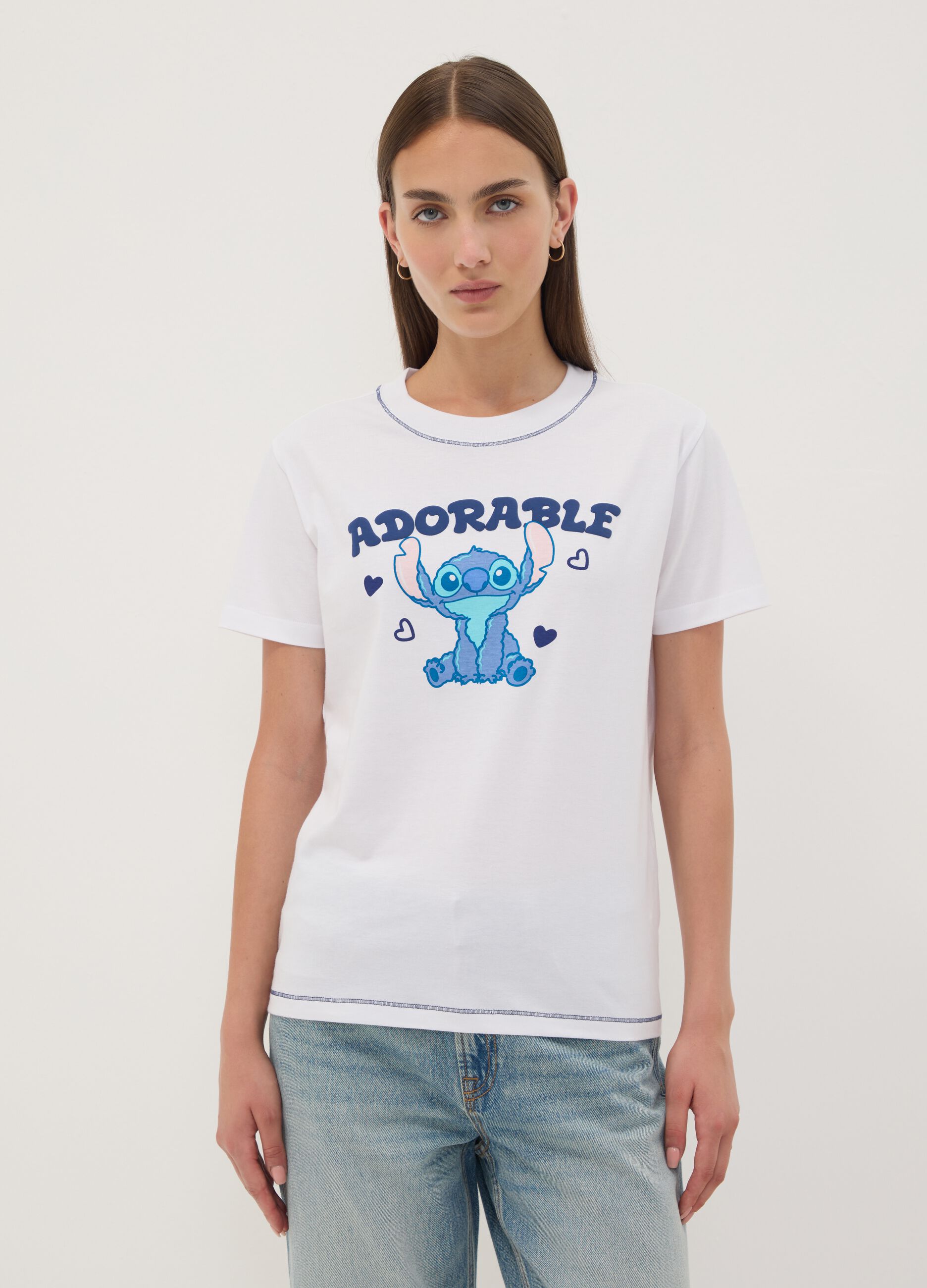 White pure cotton T-shirt with Stitch print, regular fit