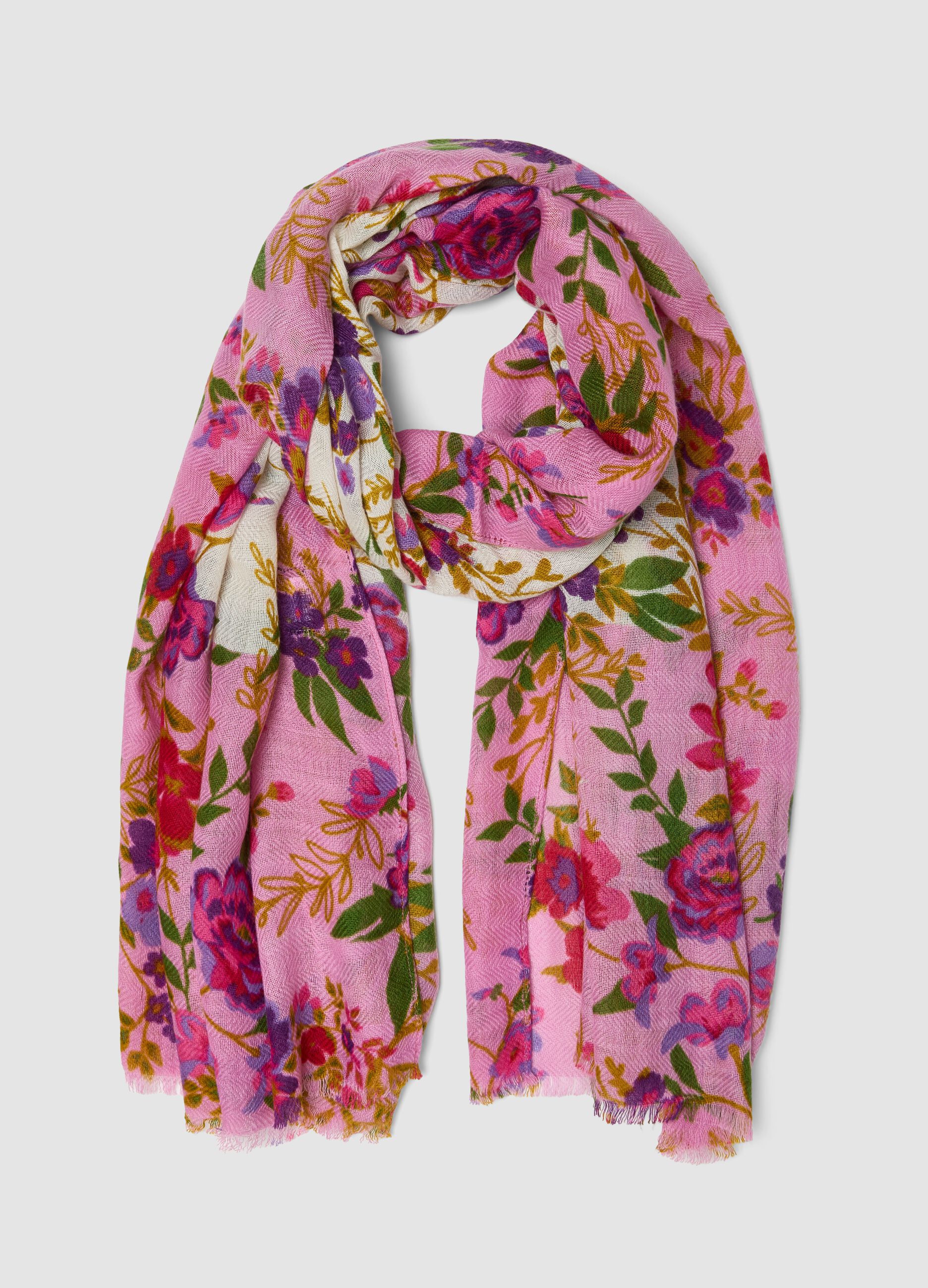 Foulard rosa in misto lana con fantasia floreale