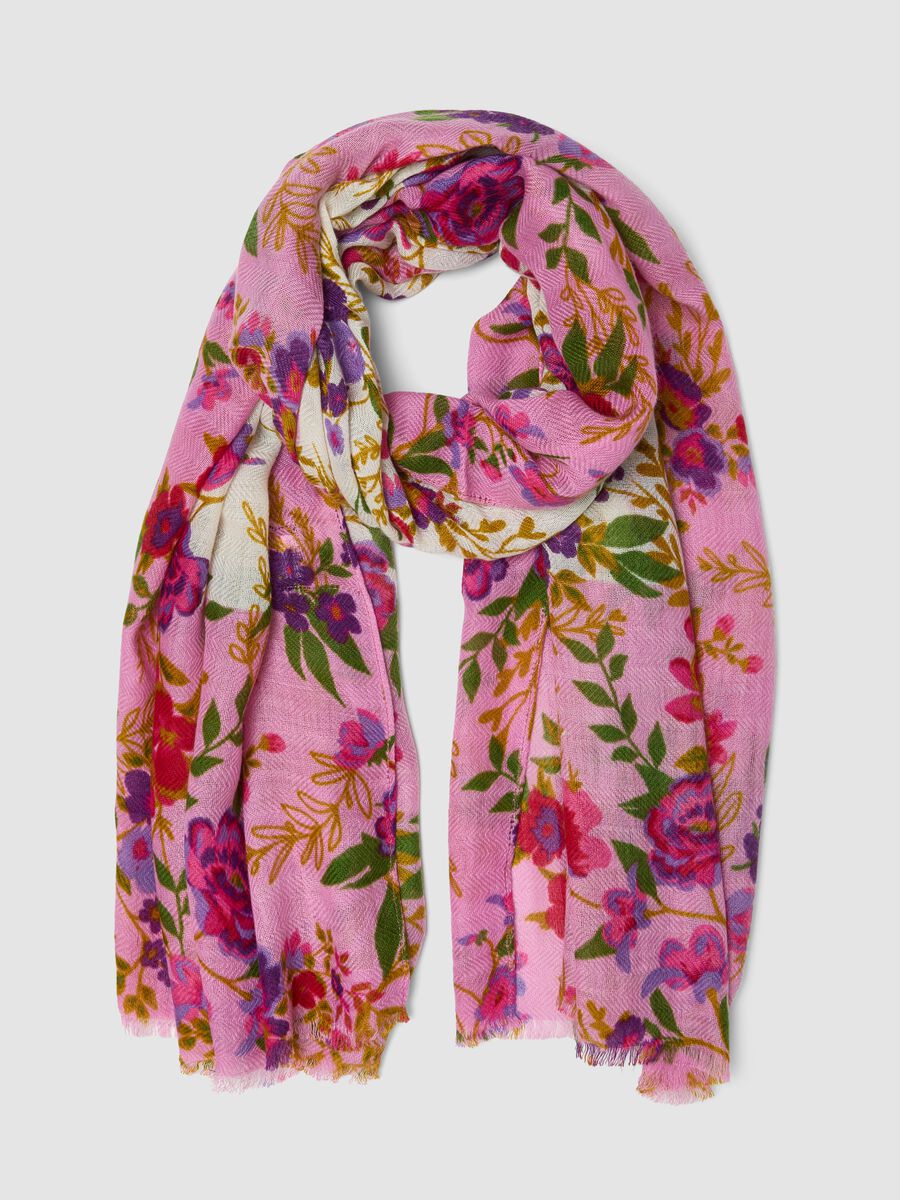 Foulard rosa in misto lana con fantasia floreale_0