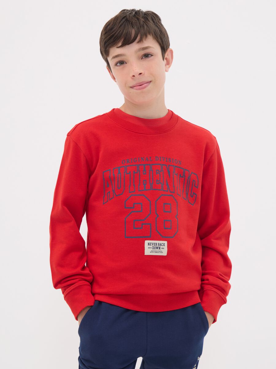 Red boys&rsquo; sweatshirt in pure organic cotton with crew neck and print_0