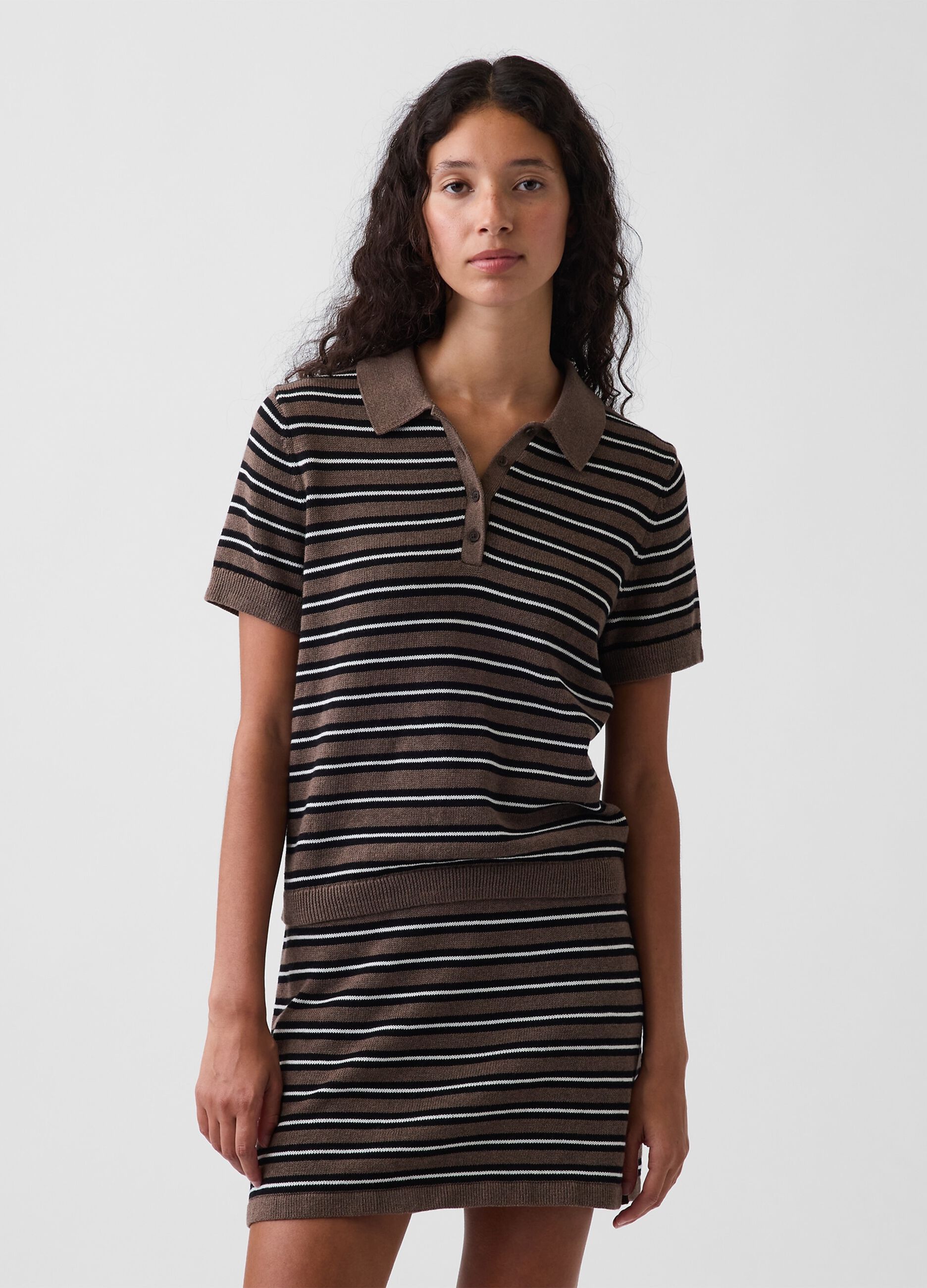 Brown pure cotton striped polo knit top