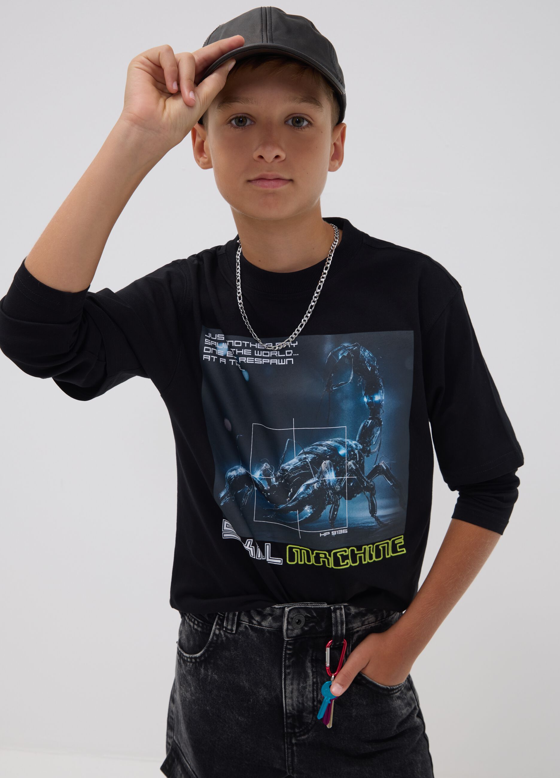 Black pure cotton crew-neck T-shirt with print
