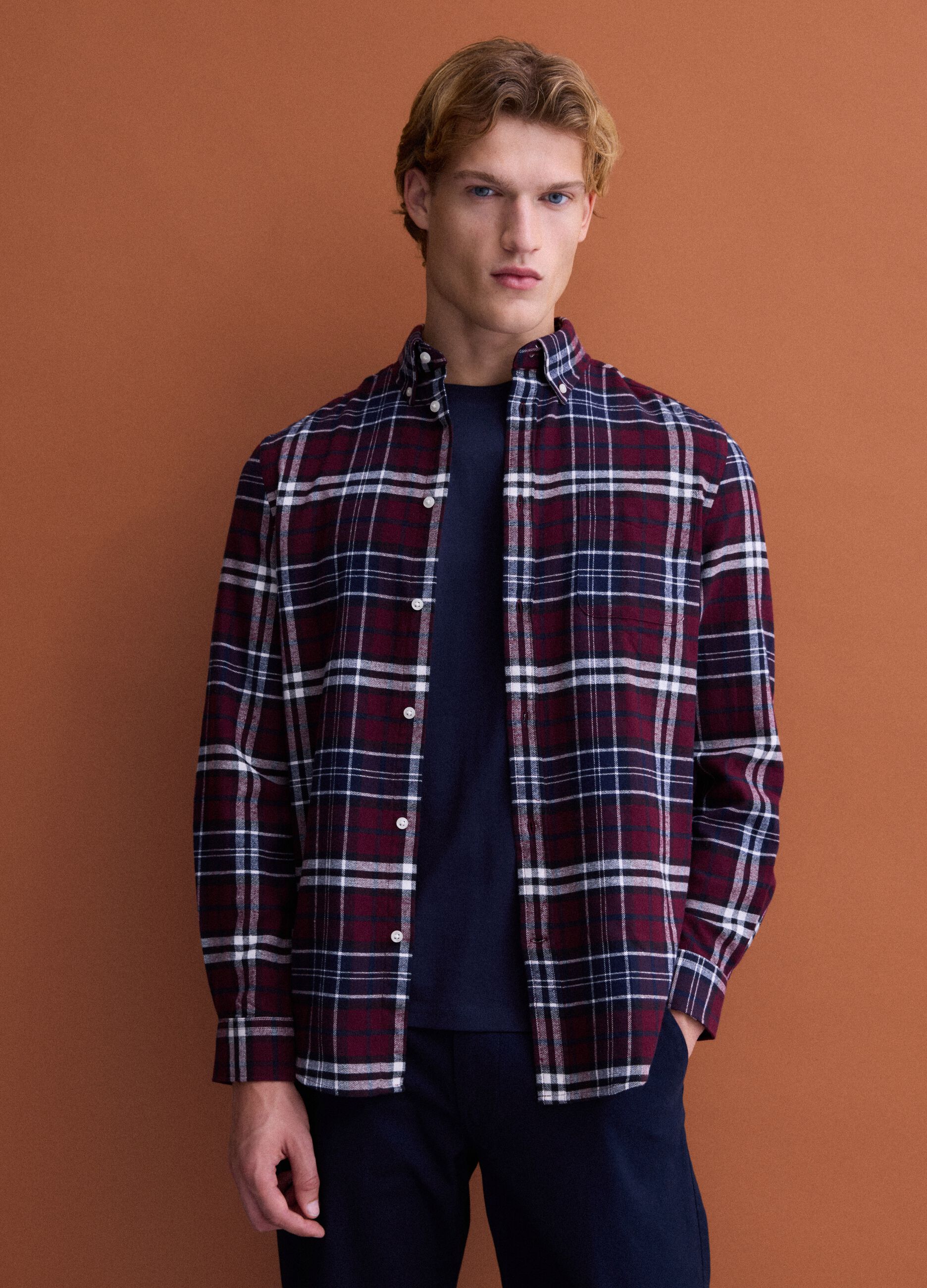 Red and blue checked pure cotton flannel shirt, regular fit