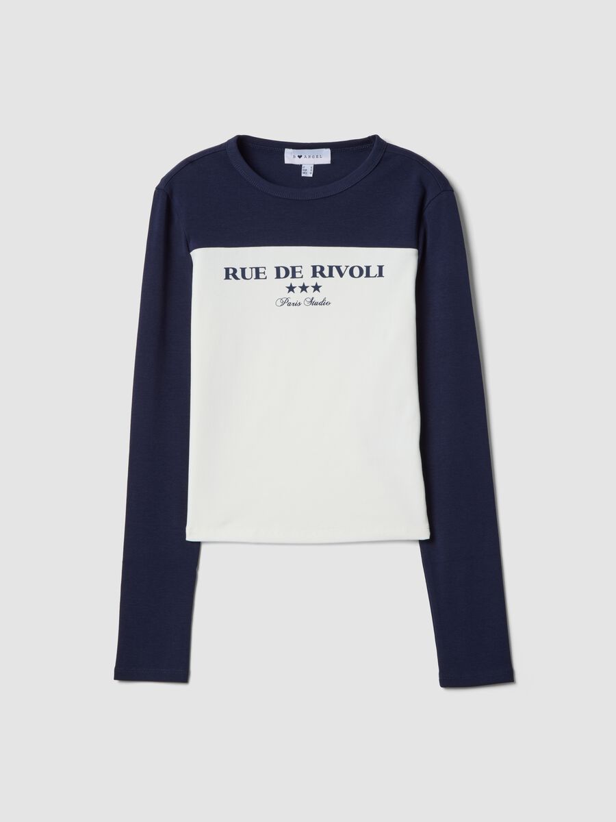 White and blue stretch-cotton T-shirt with front print_0