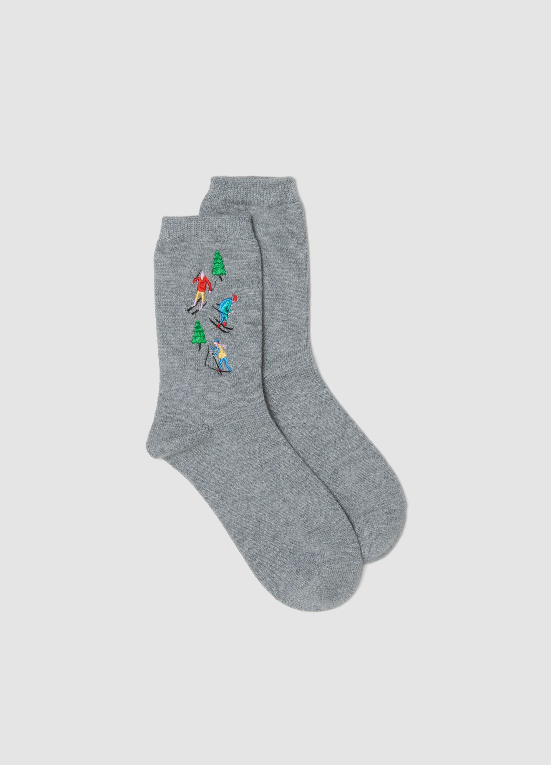 Calzini grigio chiaro melange in misto lana elasticizzata ricamati