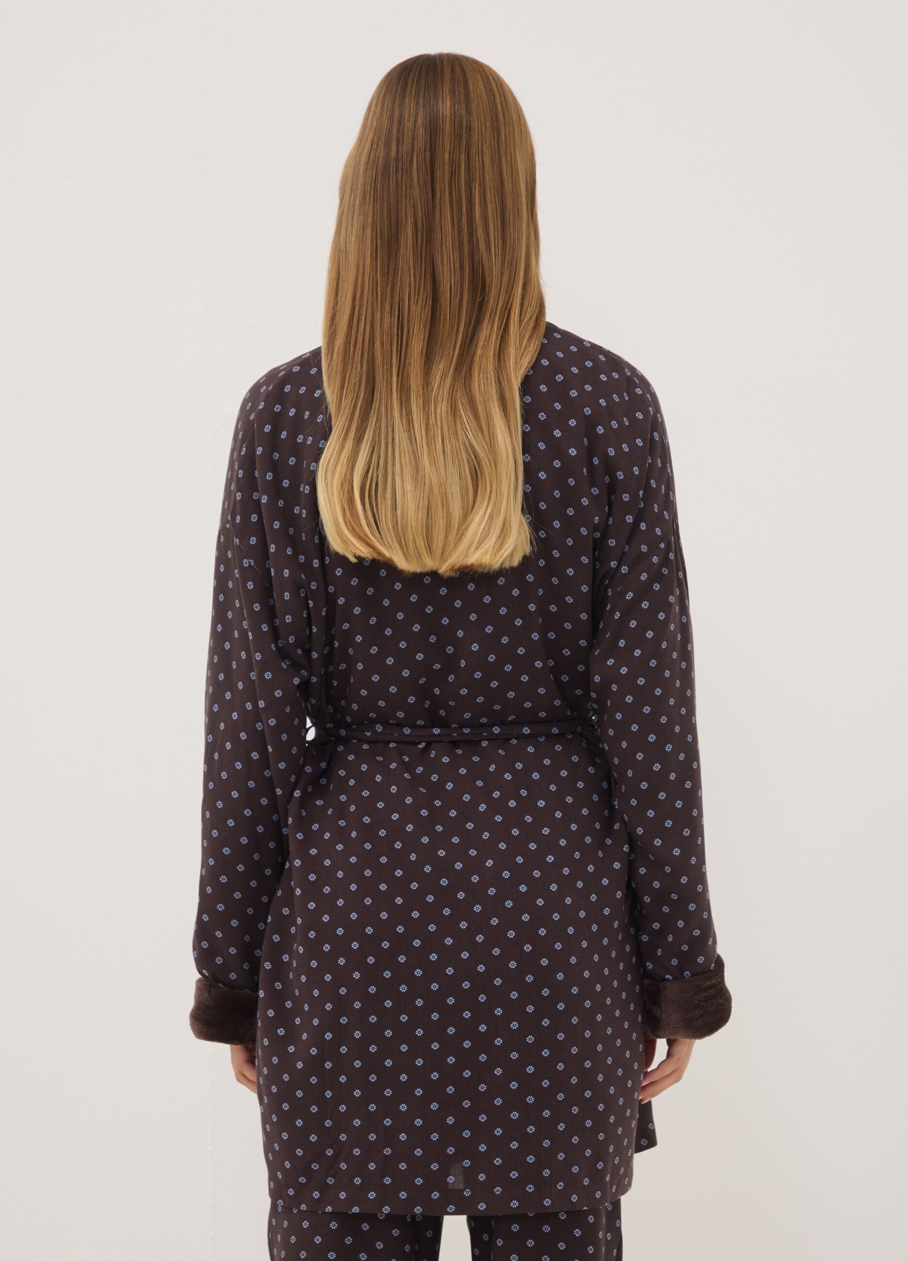 Brown pure viscose dressing gown with micro-floral print