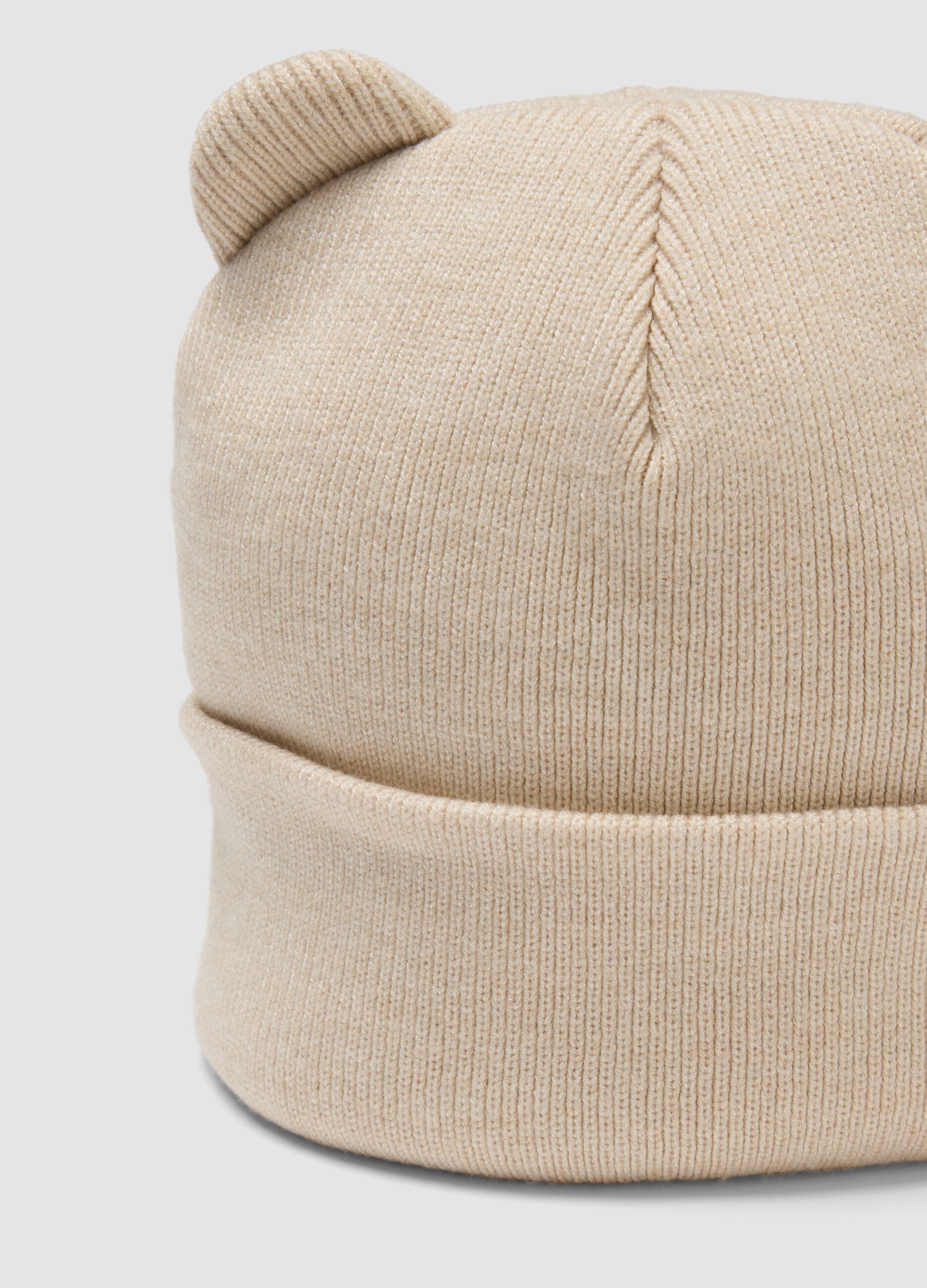 Beige knitted viscose-blend hat with ears