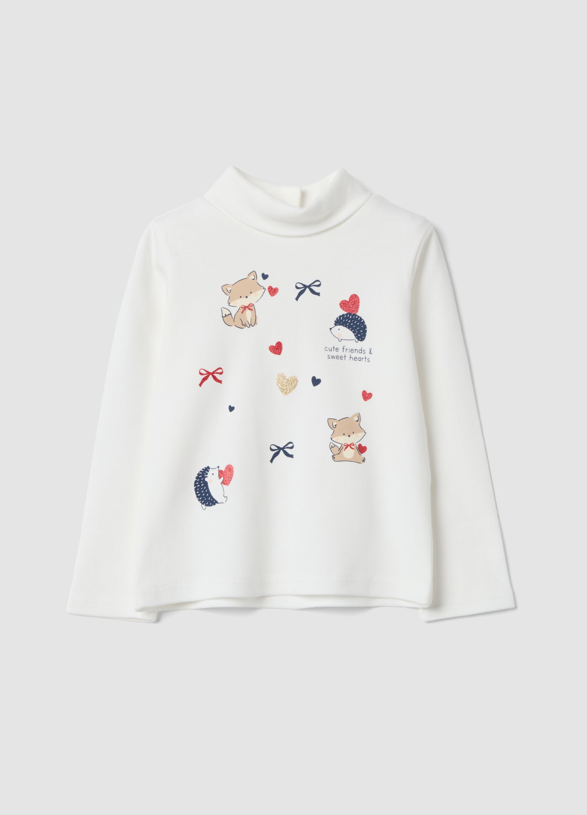 White pure cotton T-shirt with cute animal print