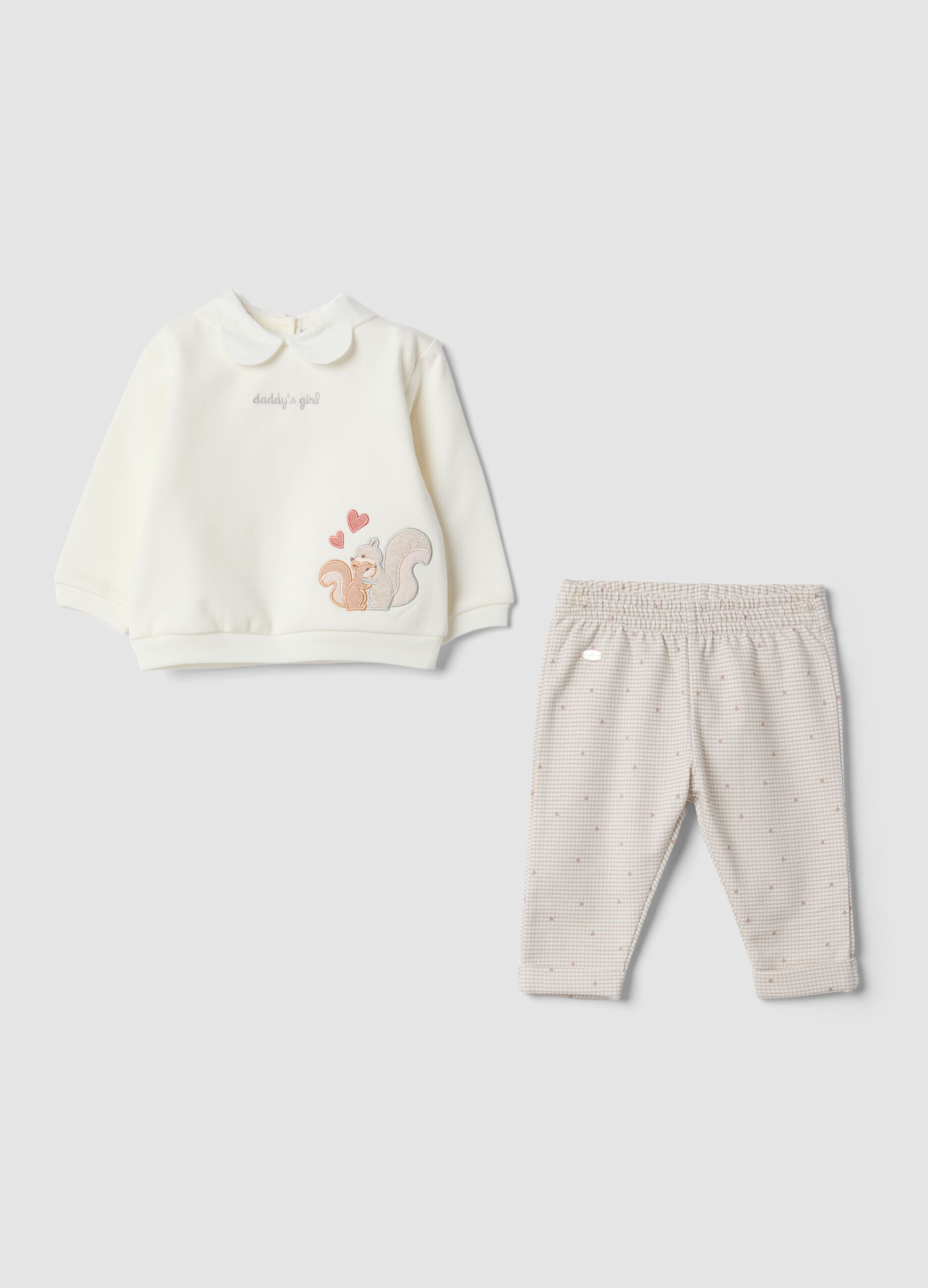 White and beige pure organic cotton set with squirrel embroidery