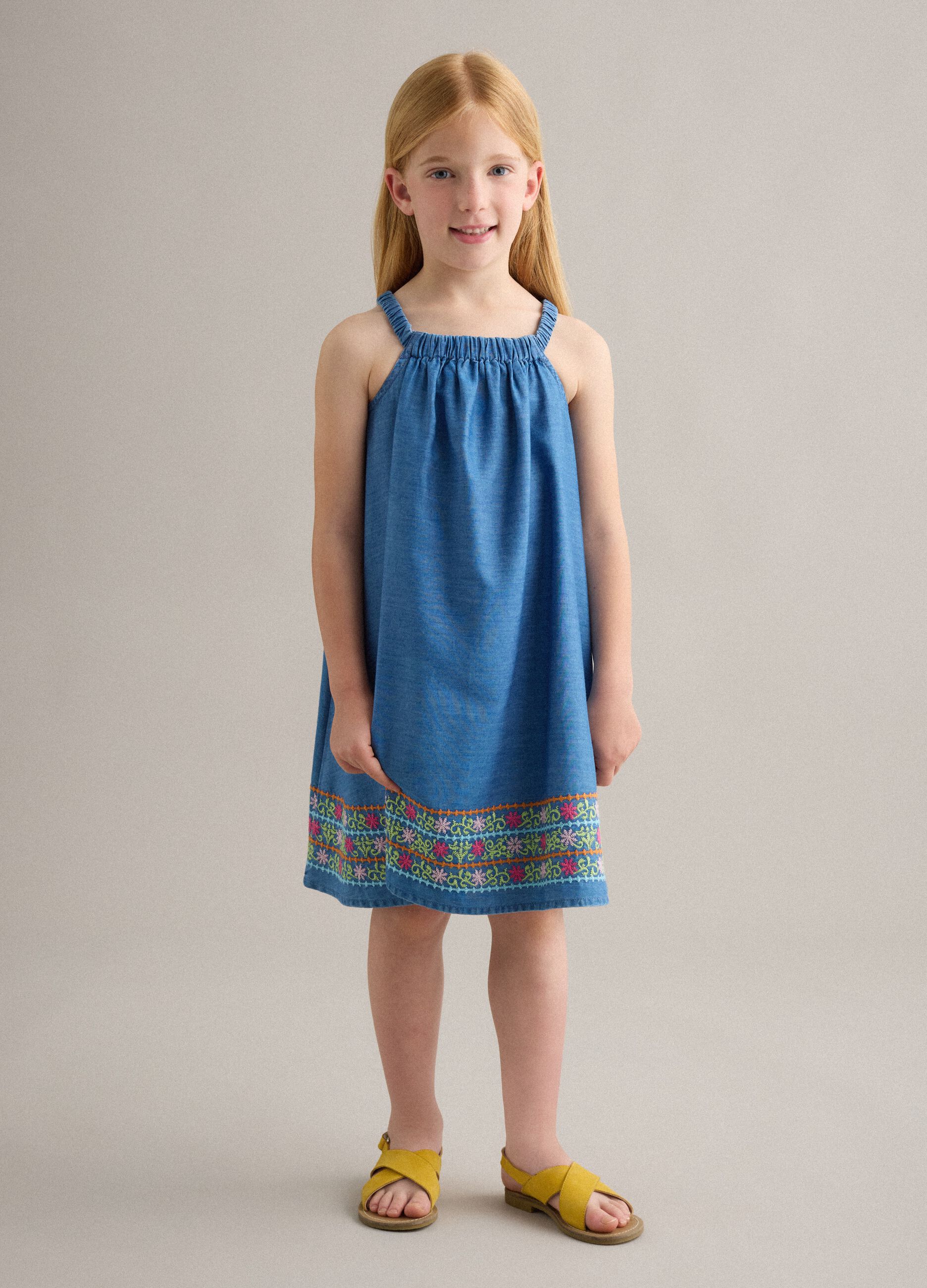 Blue pure lyocell dress with straps and hem embroidery