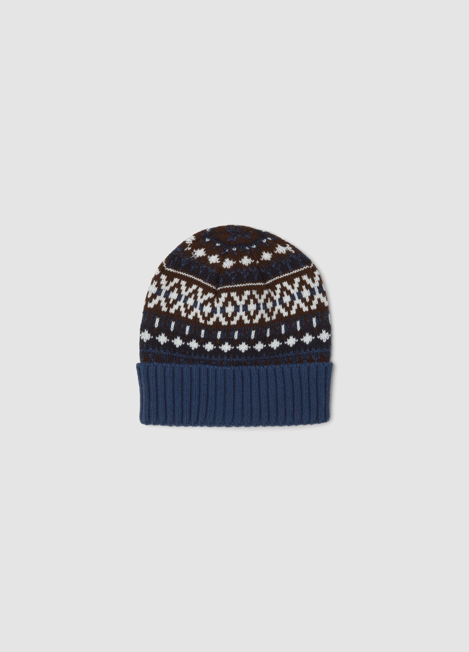 Navy blue jacquard knit beanie with turn-up