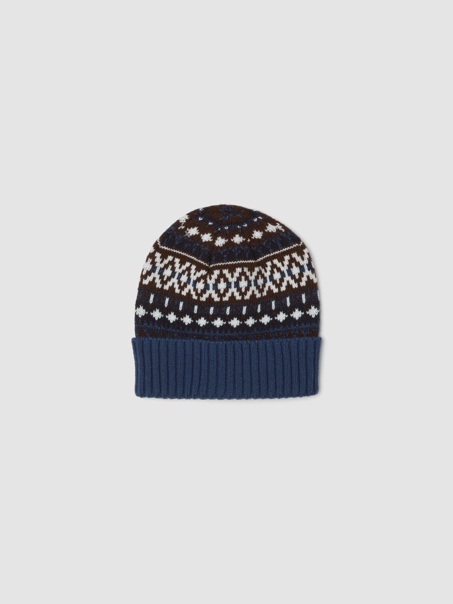 Navy blue jacquard knit beanie with turn-up_0