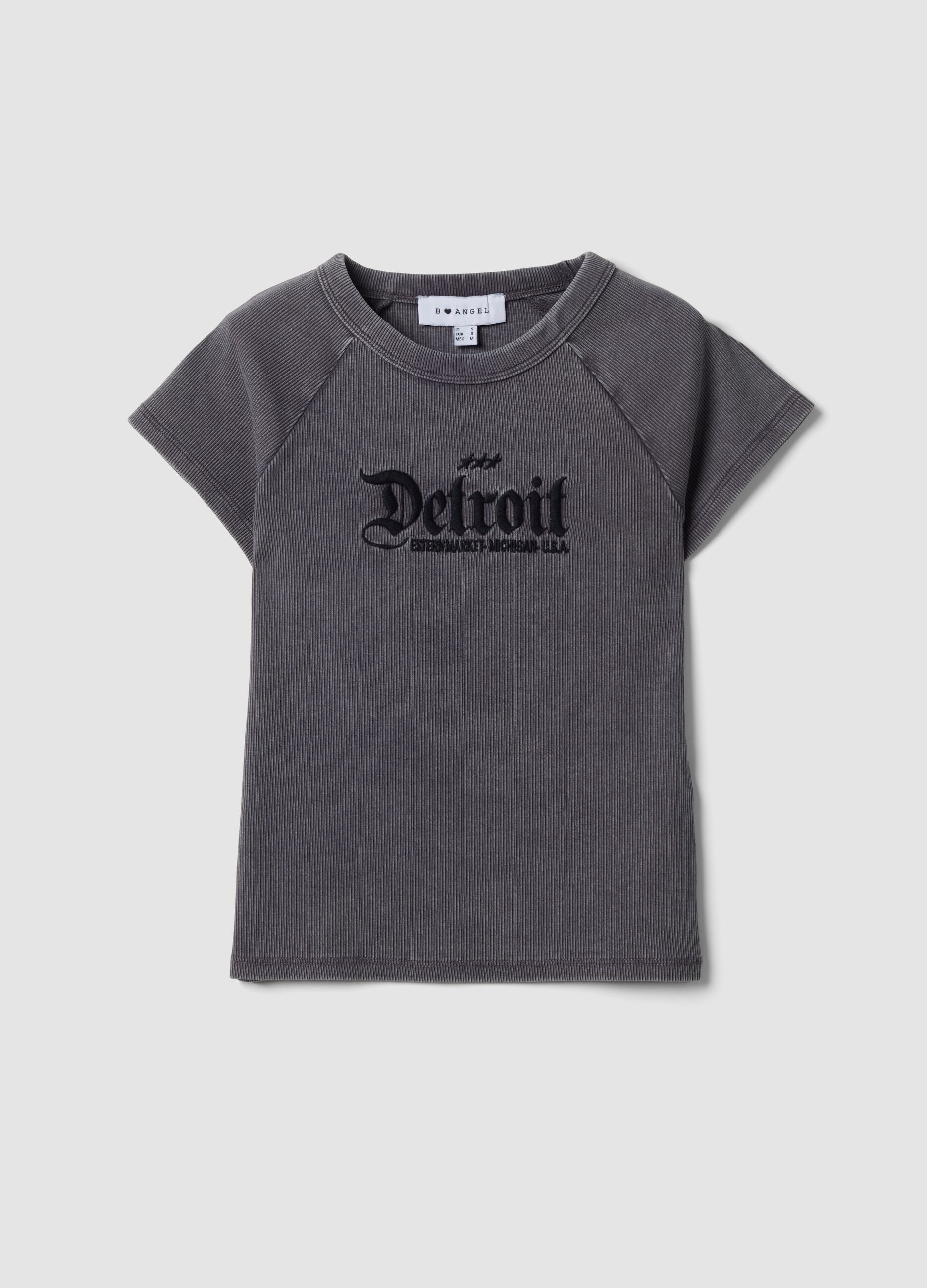 Grey fitted ribbed stretch cotton T-shirt with Detroit lettering